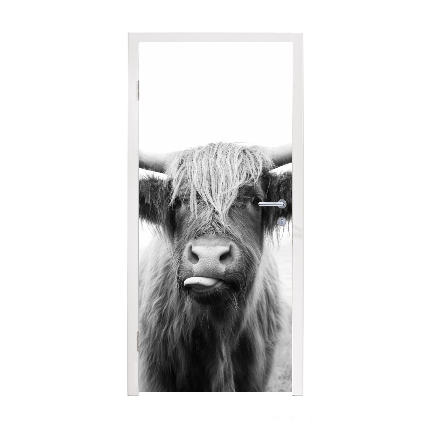 MuchoWow Türtapete Tiere - Schottischer Highlander - Kuh - Schwarz - Weiß, Matt, bedruckt, (1 St), Fototapete für Tür, Türaufkleber, 75x205 cm