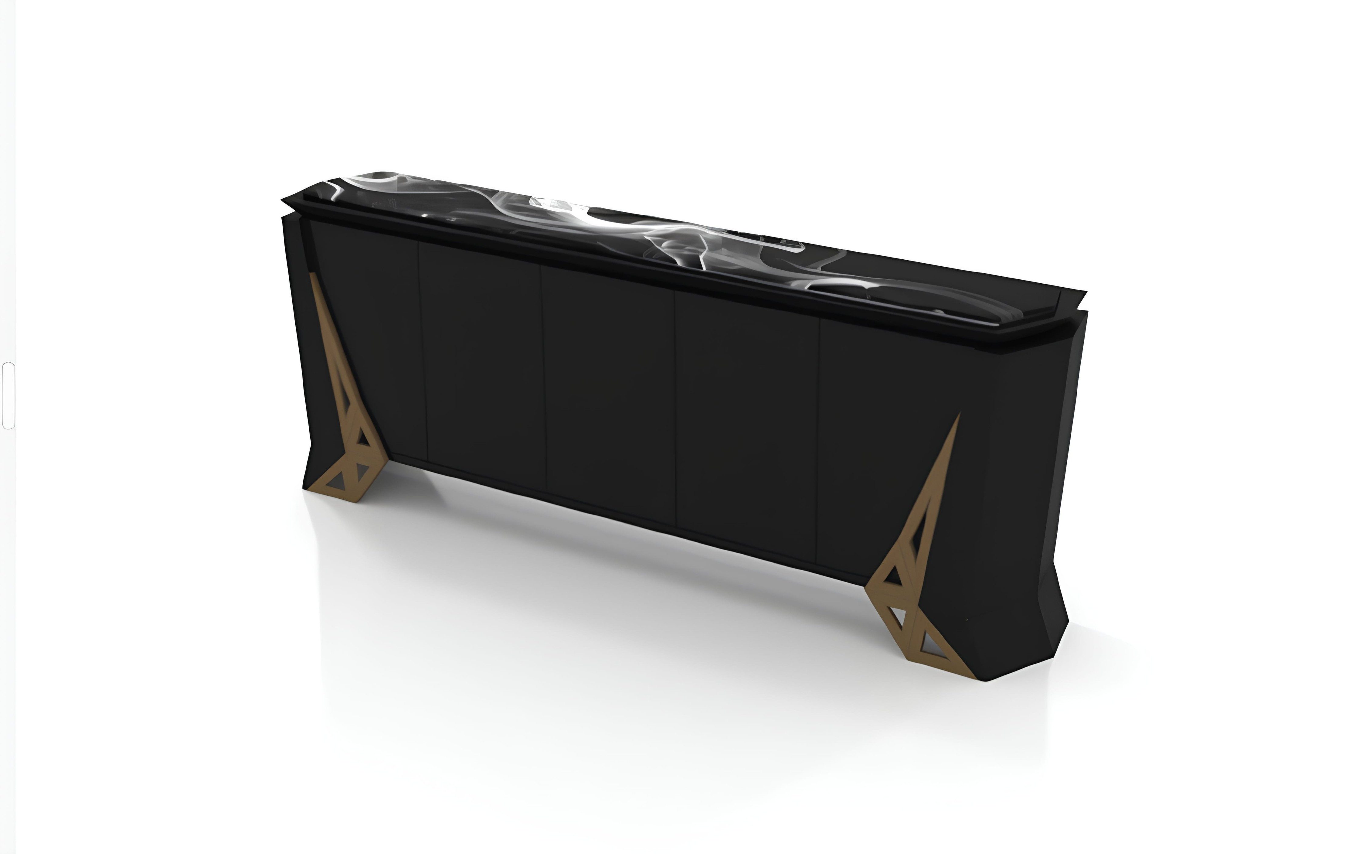 Xlmoebel Sideboard Schwarzes Hochglanz-Sideboard mit goldenen Designelementen, Made in Europa