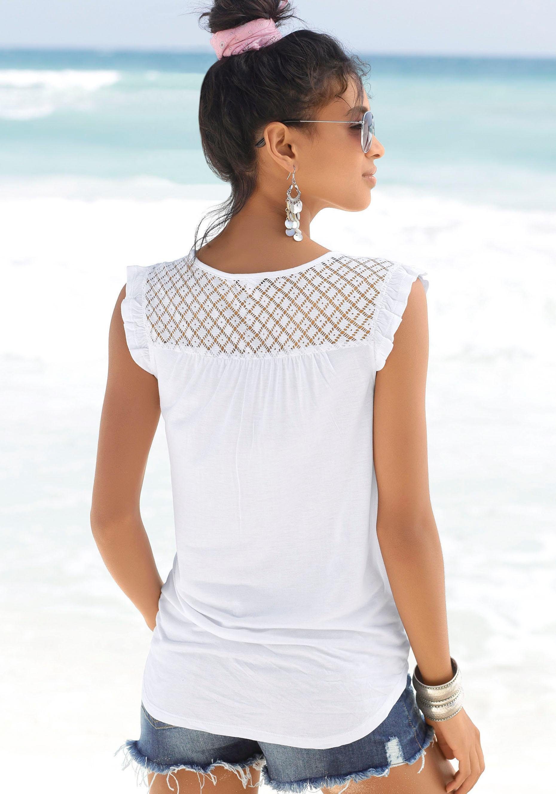 Buffalo Strandshirt mit Spitzeneinsatz am Rücken und Rüschendetail, Kurzarmshirt
