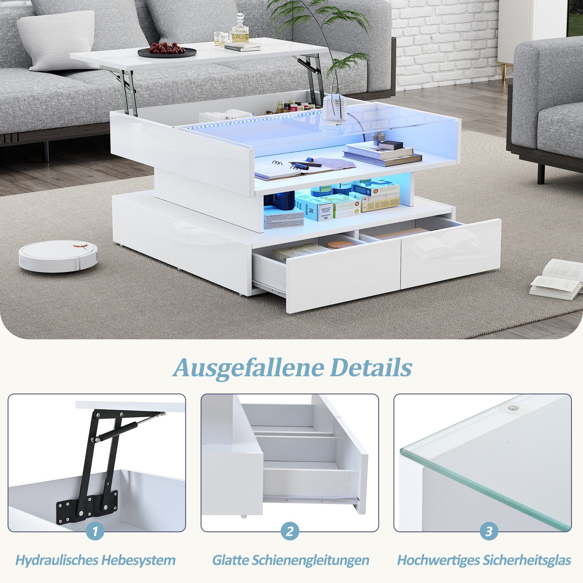 Merax Couchtisch höhenverstellbar Sofatisch Hochglanz Beistelltisch mit LED-Beleuchtung (80 x 80 x 45 cm, 1-St., Tischplatte aus gehärtetem Glas und Spanplatte) – Bild 5 von 5