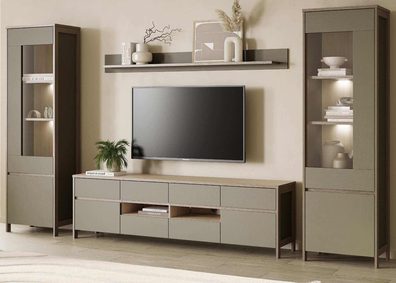 Furn.Design Wohnwand Finnes, (Schrankwand in Salbei mit Skandi Eiche, 4-teilig, 340 x 195 cm), Türen und Schubladen mit Soft-Close