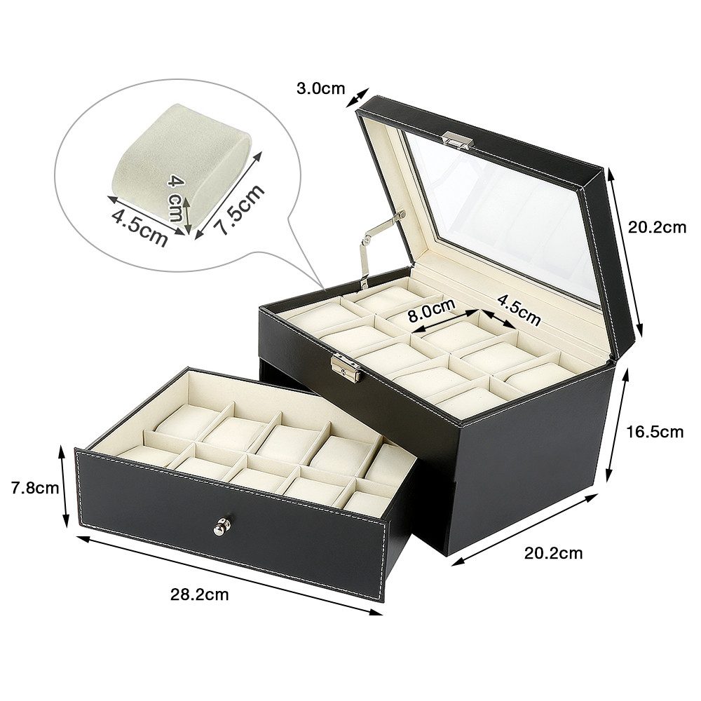JEOBEST Geschenkbox Uhrenbox mit 20 Fächern, Uhrenkasten mit Glasdeckel, (1 St.,2 Ebenen) abnehmbare Polster, 1 Schublade