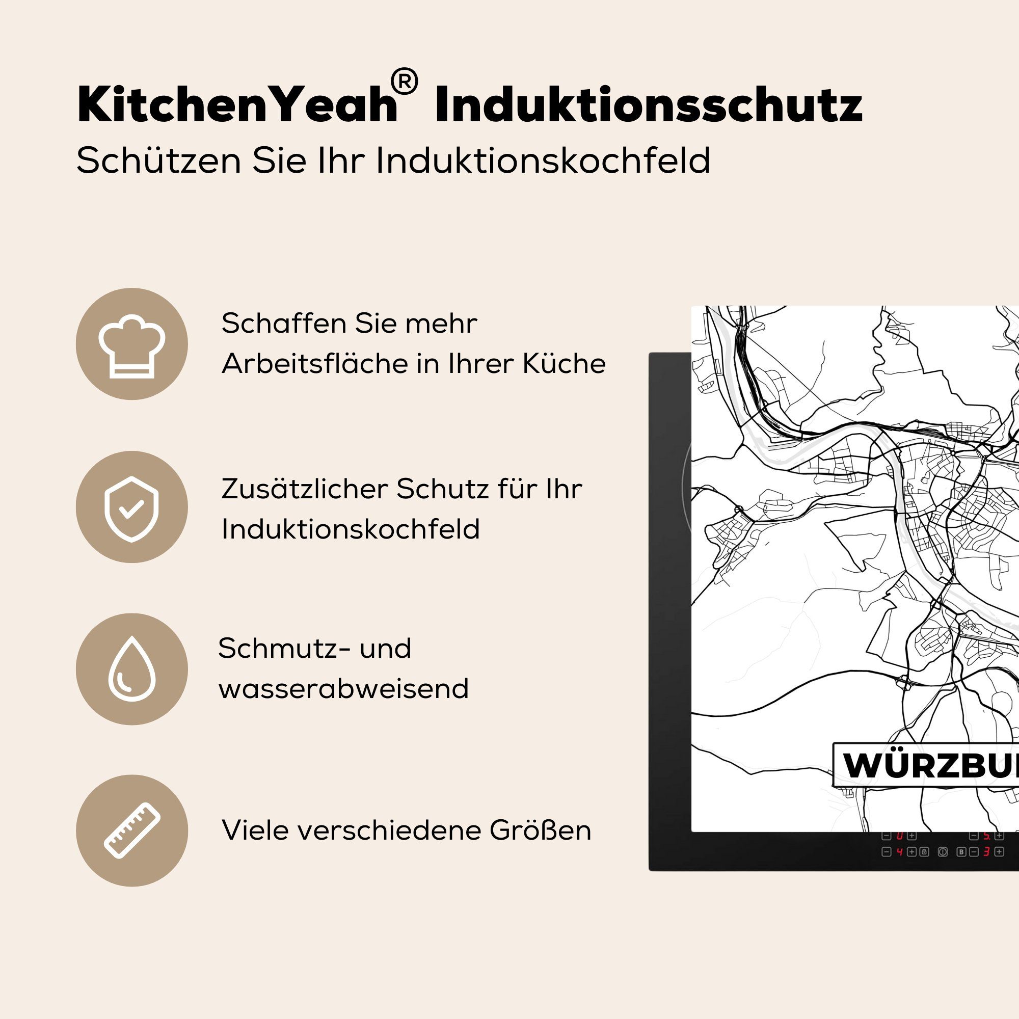 MuchoWow Herdblende-/Abdeckplatte Würzburg - Vinyl, küche tlg), Ceranfeldabdeckung, (1 Arbeitsplatte Stadtplan für 78x78 Wegbeschreibung, Karte - cm, 