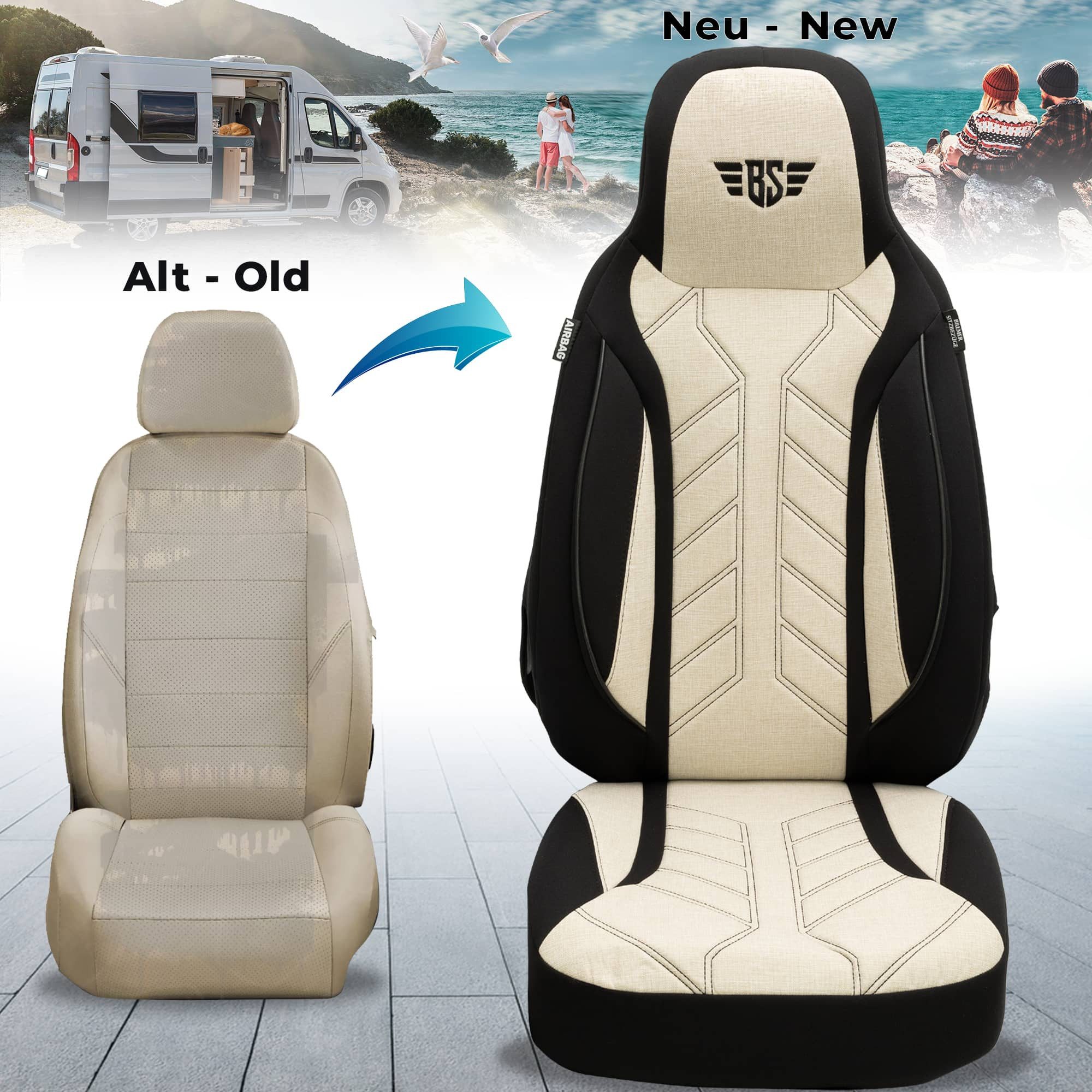 BREMER SITZBEZÜGE Autositzbezug für Chausson First line sport line (PLKT207), Set, 2-tlg., Schonbezüge Sitzbezüge Fahrer und Beifahrer, in Schwarz/Beige