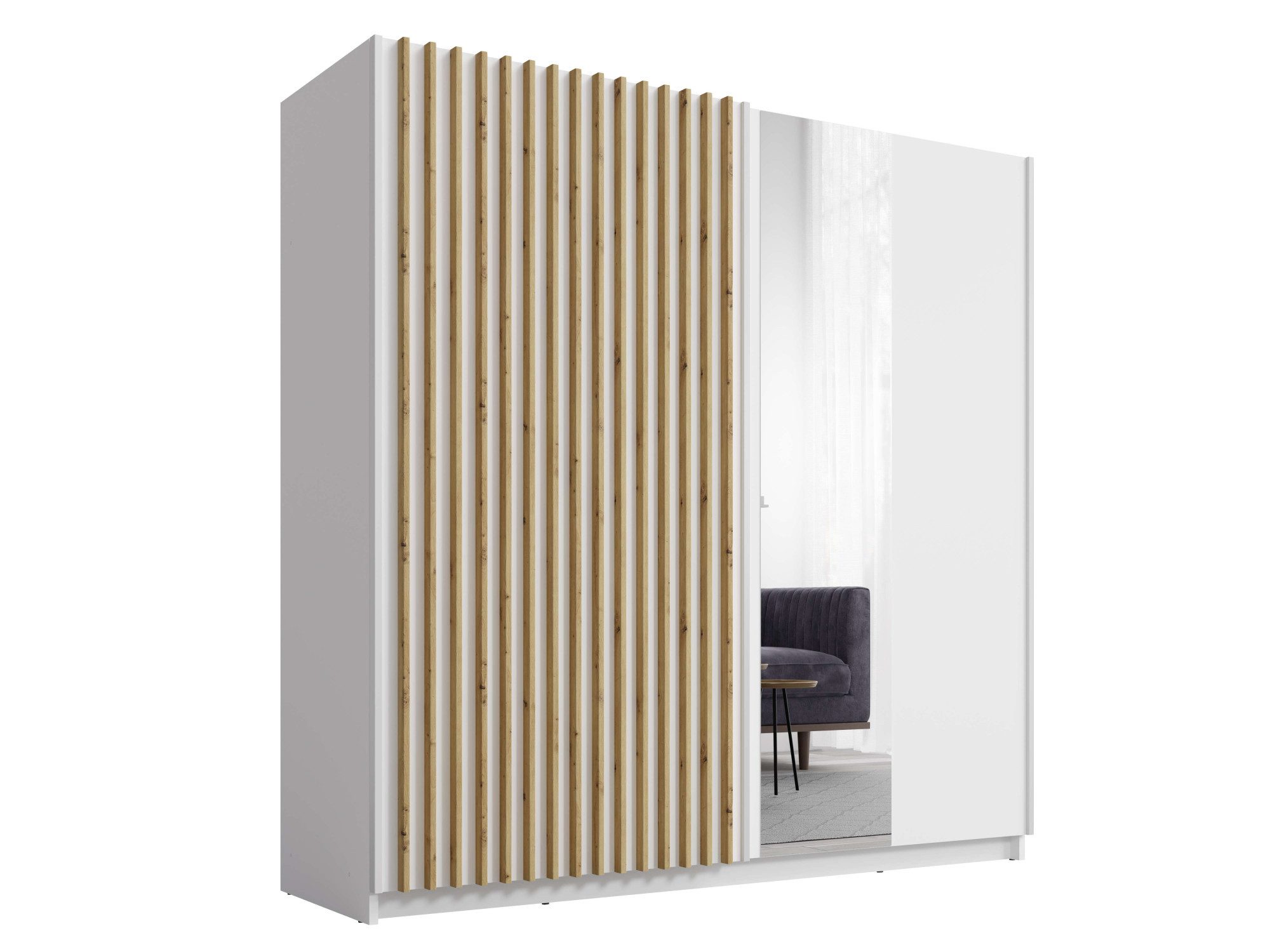 Home affaire Kleiderschrank Kleiderschrank Camden mit Spiegel, 4 Einlegeböden und Kleiderstange Garderobe mit 2 Schwebetüren und Lamellen, BxHxT 200,2x198,5x61, – Bild 2 von 5