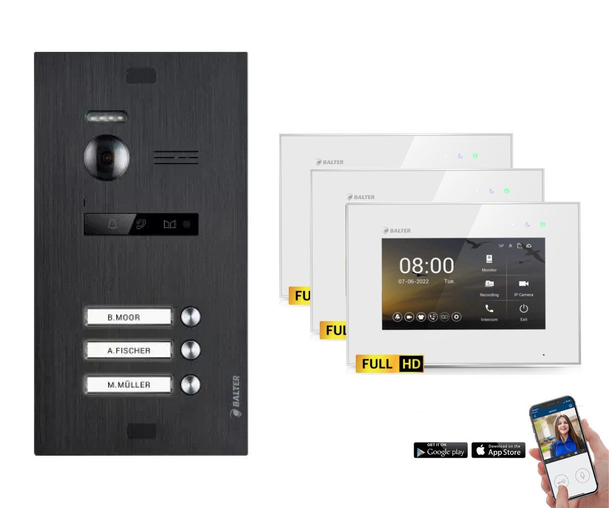Balter Video-Türsprechanlage BALTER HD WLAN Video Gegensprechanlage 3-Familienhaus Schwarz Weiß (Set, 3-Familienhaus, Komplettset, Full HD 175° Kamera, App-Steuerung)