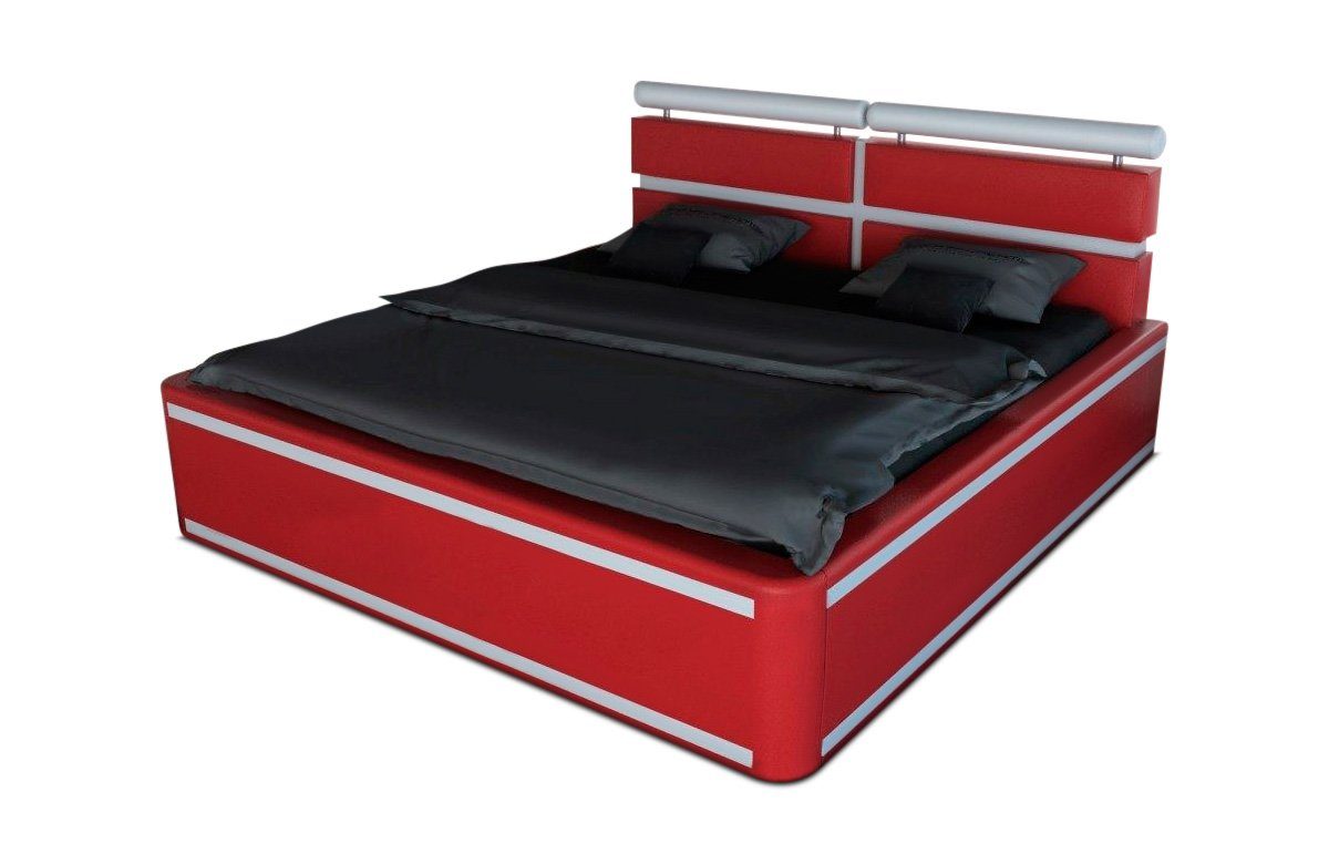 Sofa Dreams Boxspringbett Venedig Bett Kunstleder Premium Komplettbett mit LED Beleuchtung, mit Topper, mit Matratze, mit LED Beleuchtung im Kopfteil rot-weiß