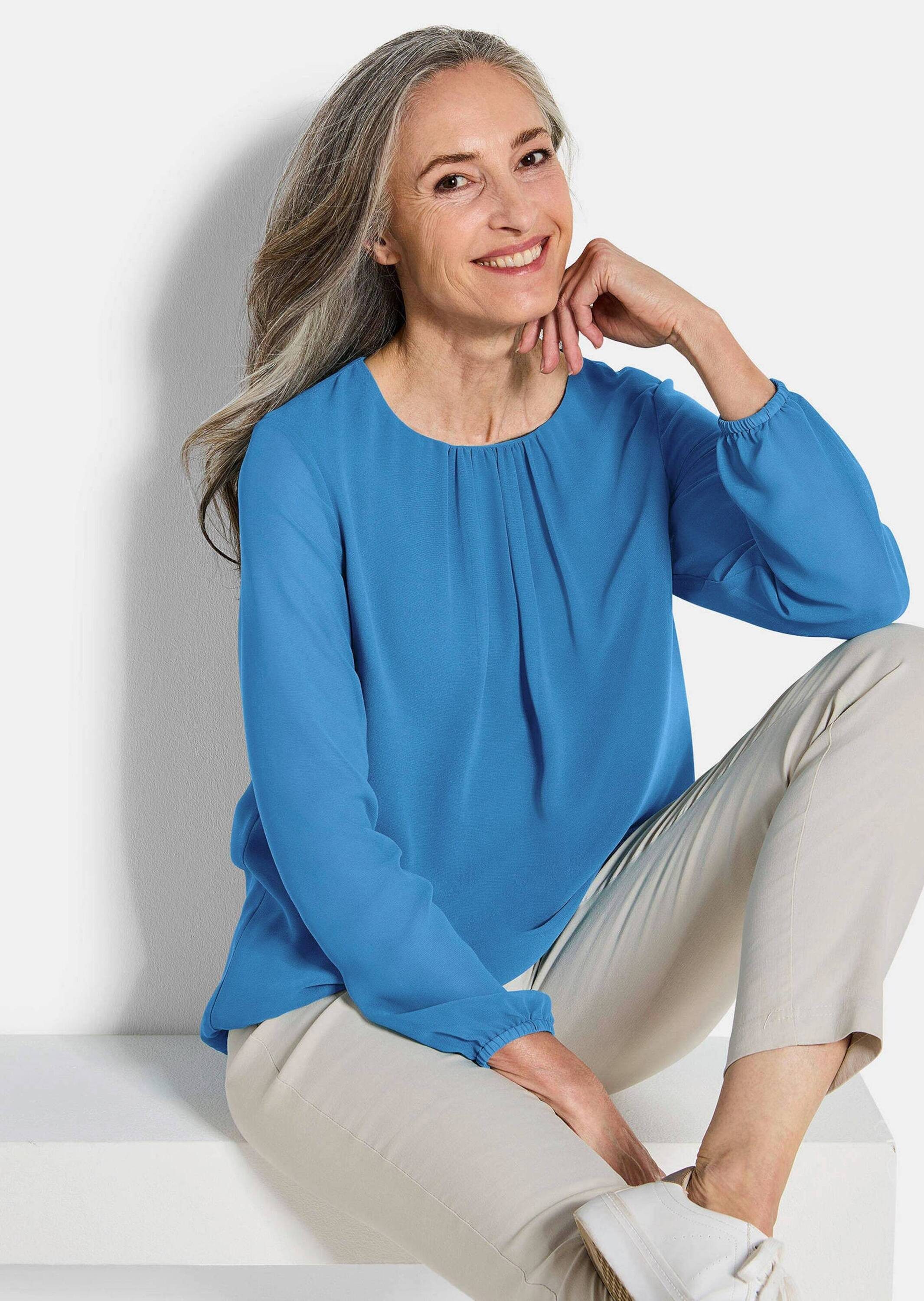 GOLDNER Klassische Bluse Jerseybluse mit Falten-Details Blusenshirt mit Rundhals, Gummibündchen und Langarm – Bild 4 von 5
