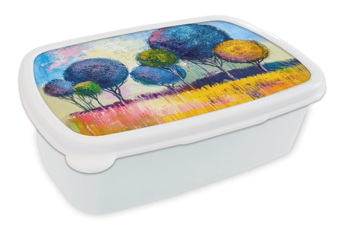MuchoWow Lunchbox Gemälde - Ölfarbe - Baum - Natur, Kunststoff, (2-tlg), Brotbox für Kinder und Erwachsene, Brotdose, für Jungs und Mädchen weiß