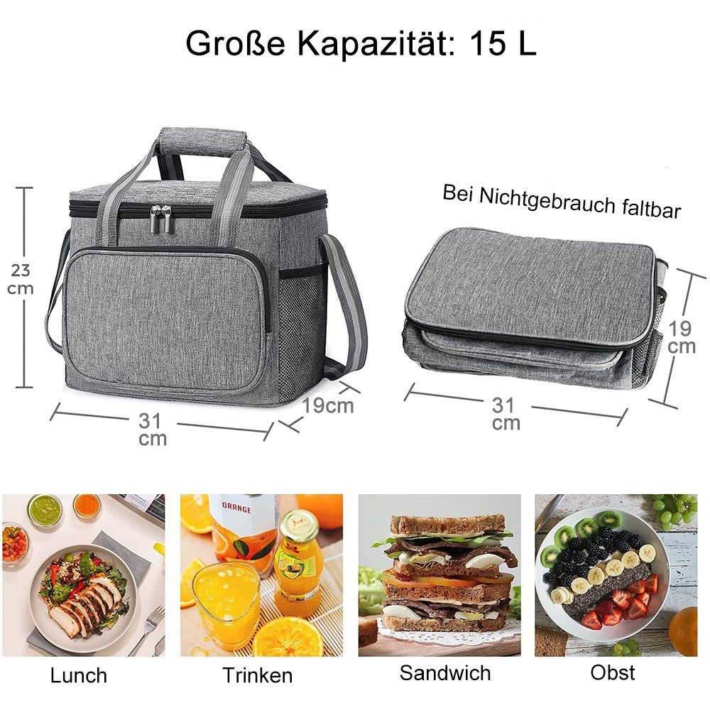 Grau Lunchtasche, Picknicktasche Picknickkorb für 15L Lebensmitteltransport Thermotasche zggzerg