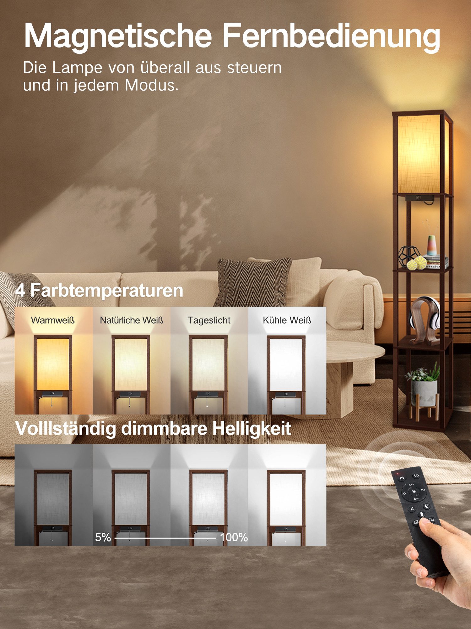 OUTON LED Stehlampe Regal mit Fernbedienung, 2 USB-Anschlüsse und 1H Timer, LED wechselbar, mit eleganter Holzoberfläche und Leinenschirm