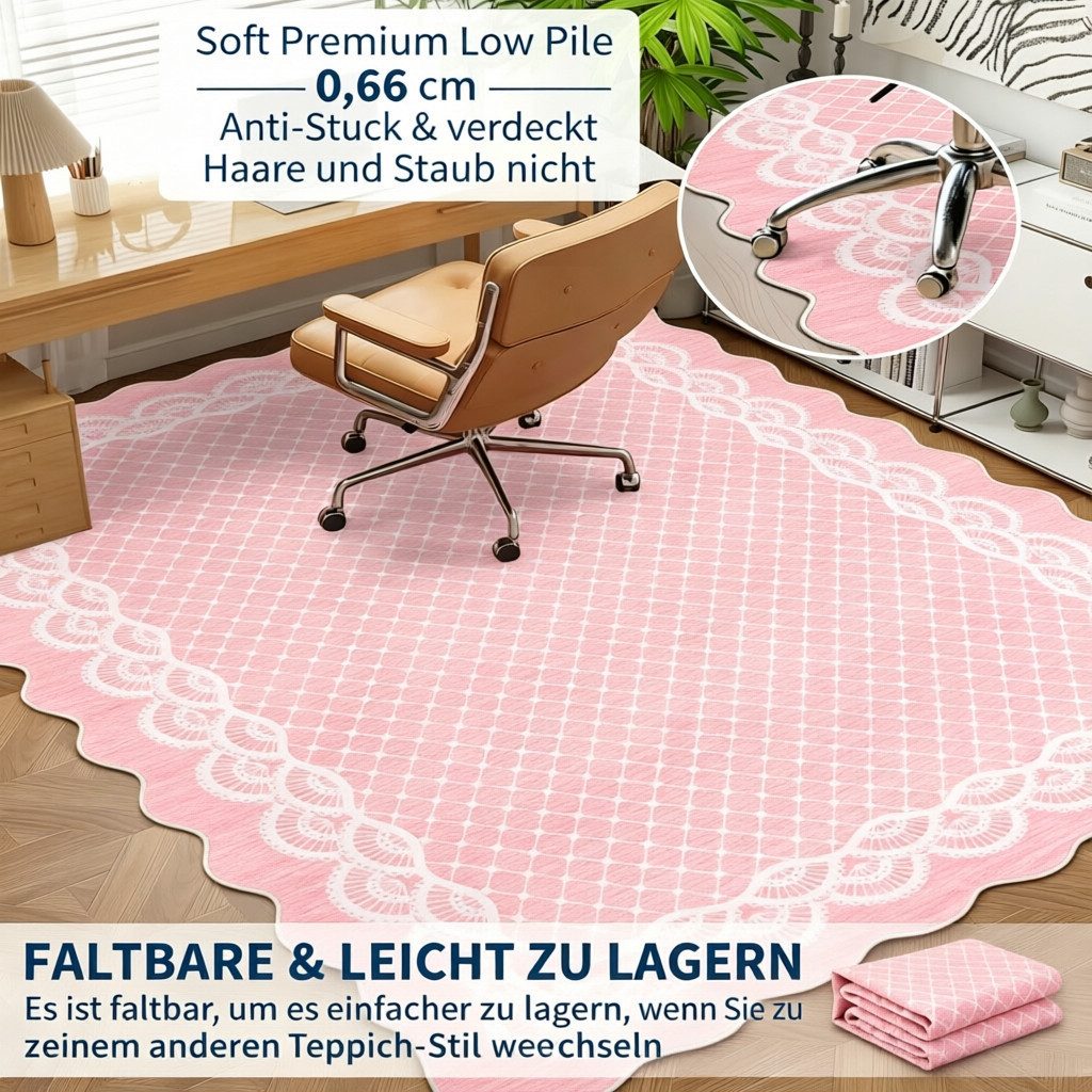 GarveeMore Teppich eleganter und hübscher Flachflor-Teppich mit Wellenrand, rechteckig, Höhe: 7 mm, waschbar, rutschfest, für Wohnzimmer/Schlafzimmer/Esszimmer/ – Bild 4 von 5