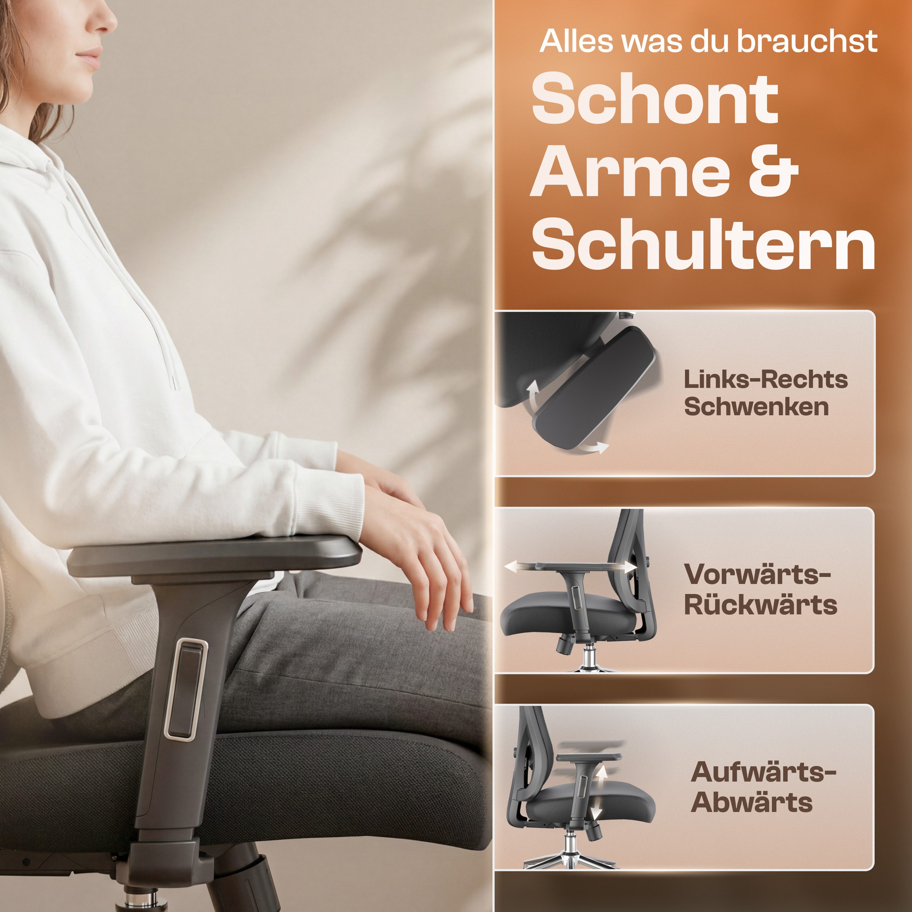 LUTIVO Bürostuhl Ergonomisch & Individuell Anpassbar, Home Office Schreibtischstuhl (Bürostuhl Alpha, Bravo), Einstellung für Sitzhöhe, Kopfstütze, Armlehnen un – Bild 5 von 5