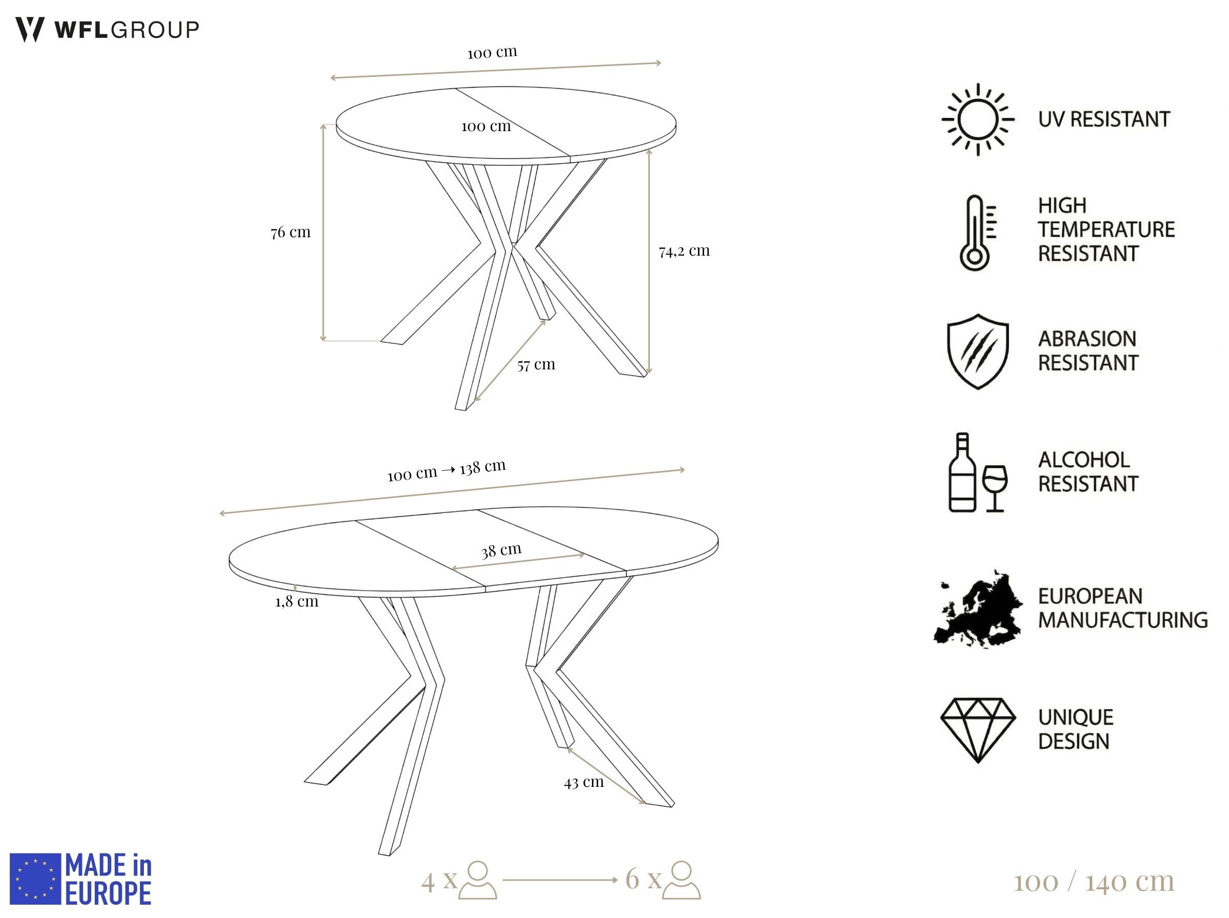 WFL GROUP Esstisch Valio runder Ausziehtisch für Esszimmer mit Metallbeinen in Kaschmir (MADE IN EU, erhältlich in zwei Größen – 90 / 100 cm, ausziehbar auf 130 / 140 cm), ausziehbar, verlängerbar, Holzoptik im modernen Industrial-Stil