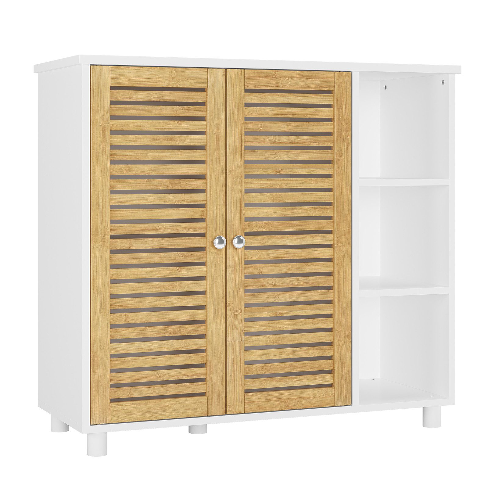 MSMASK Badkommode Badezimmerschrank mit 3 Offenen Regalen und 2 Bambustüren, 77 × 30 × 80 cm