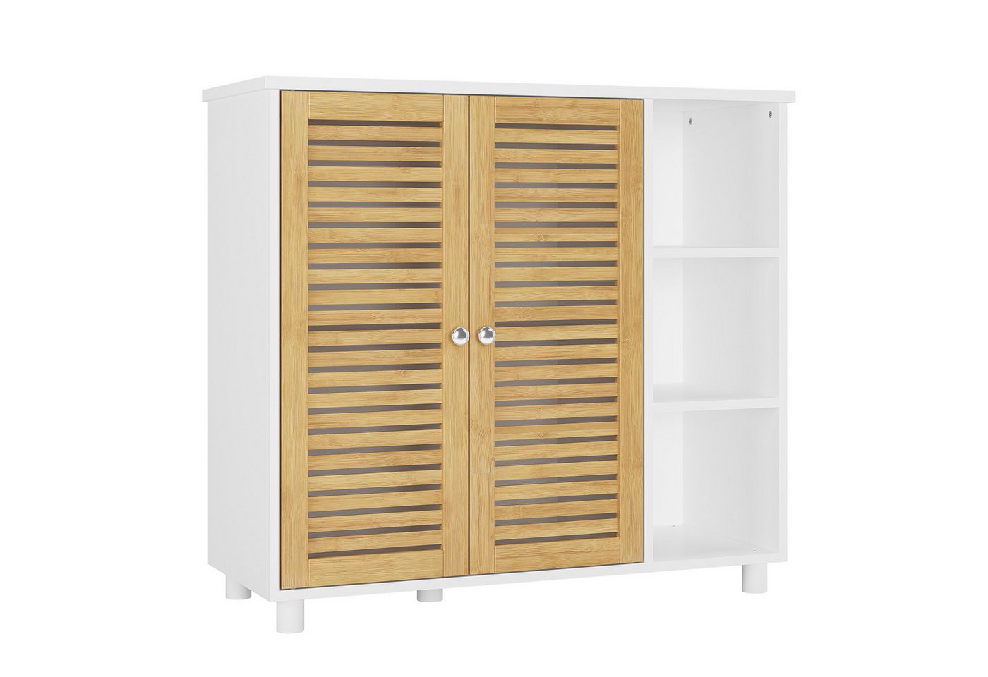 MSMASK Badkommode Badezimmerschrank mit 3 Offenen Regalen und 2 Bambustüren, 77 × 30 × 80 cm