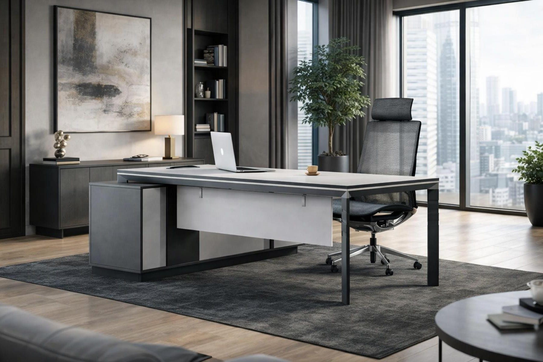 Xlmoebel Schreibtisch Moderner Ecktisch in Grau und Weiß für das Arbeitszimmer, Made in Europa