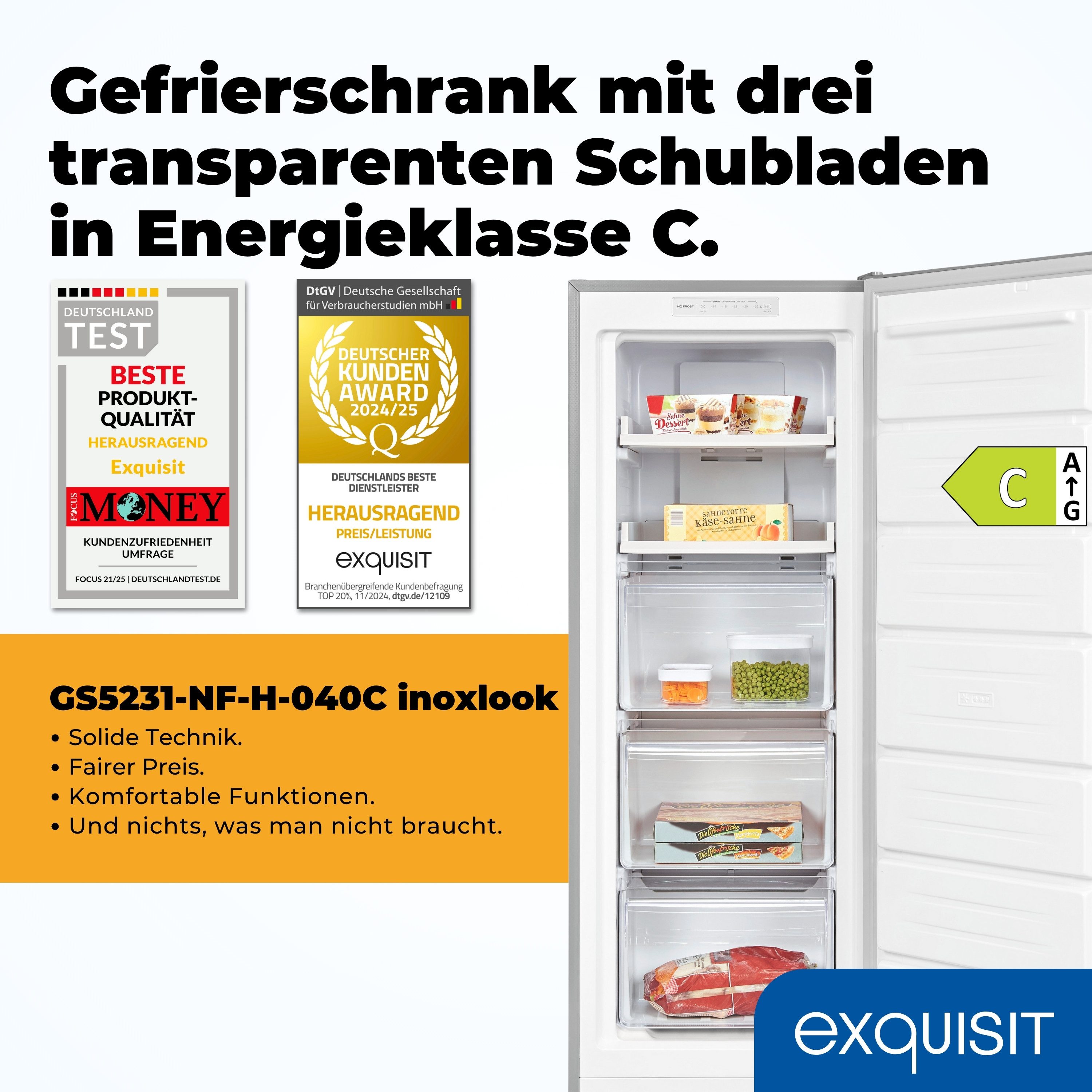 exquisit Gefrierschrank GS5231-NF-H-040C weiss, 143 cm hoch, 54 cm breit, NoFrost, Abtauverfahren automatisch, Schnellgefrierfunktion