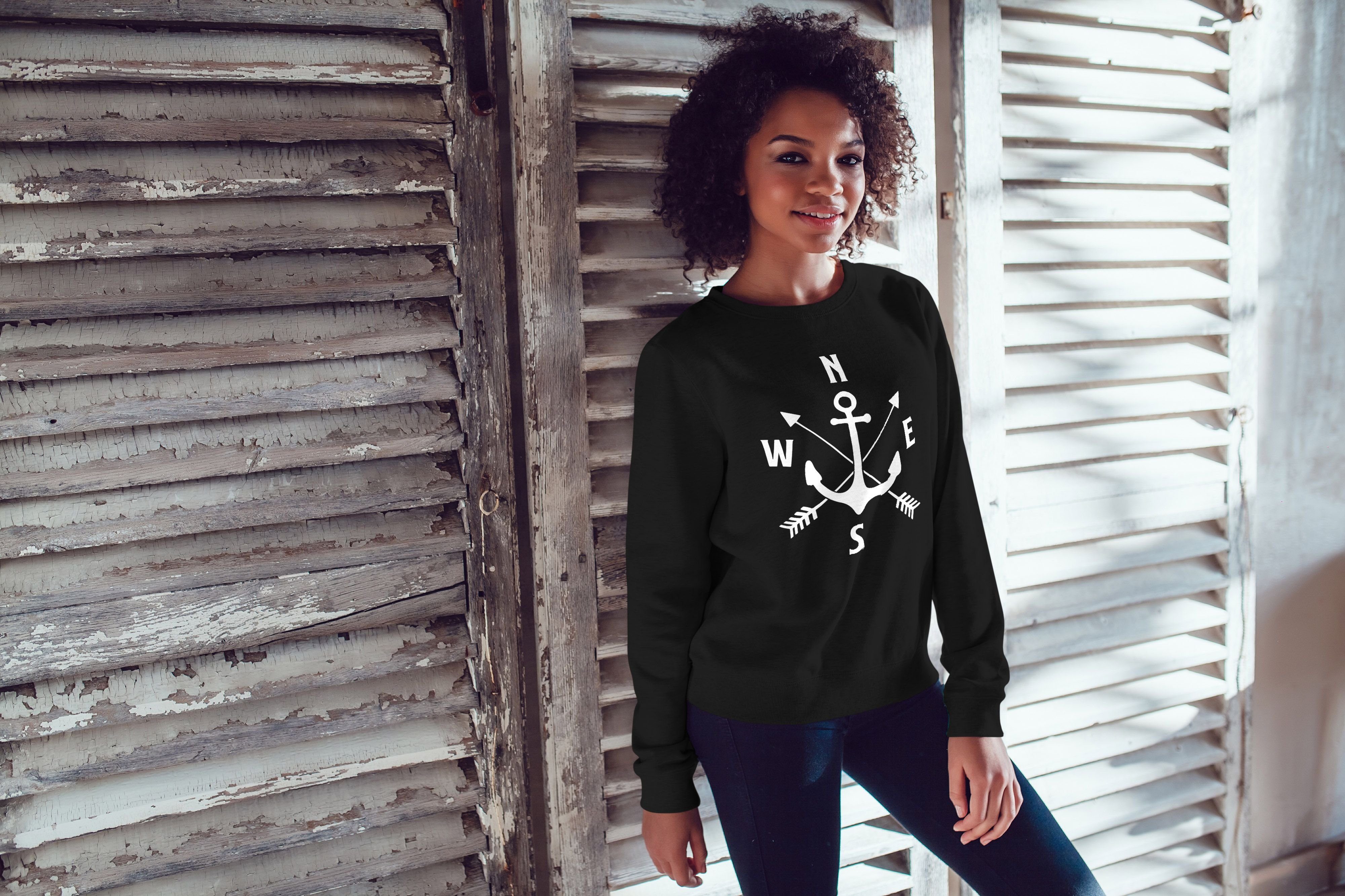 Damen Pullover MoonWorks Sweatshirt Sweatshirt Damen Aufdruck Motiv Anker Kompass Pfeile Rundhals-Pullover Pulli Sweater Moonwor