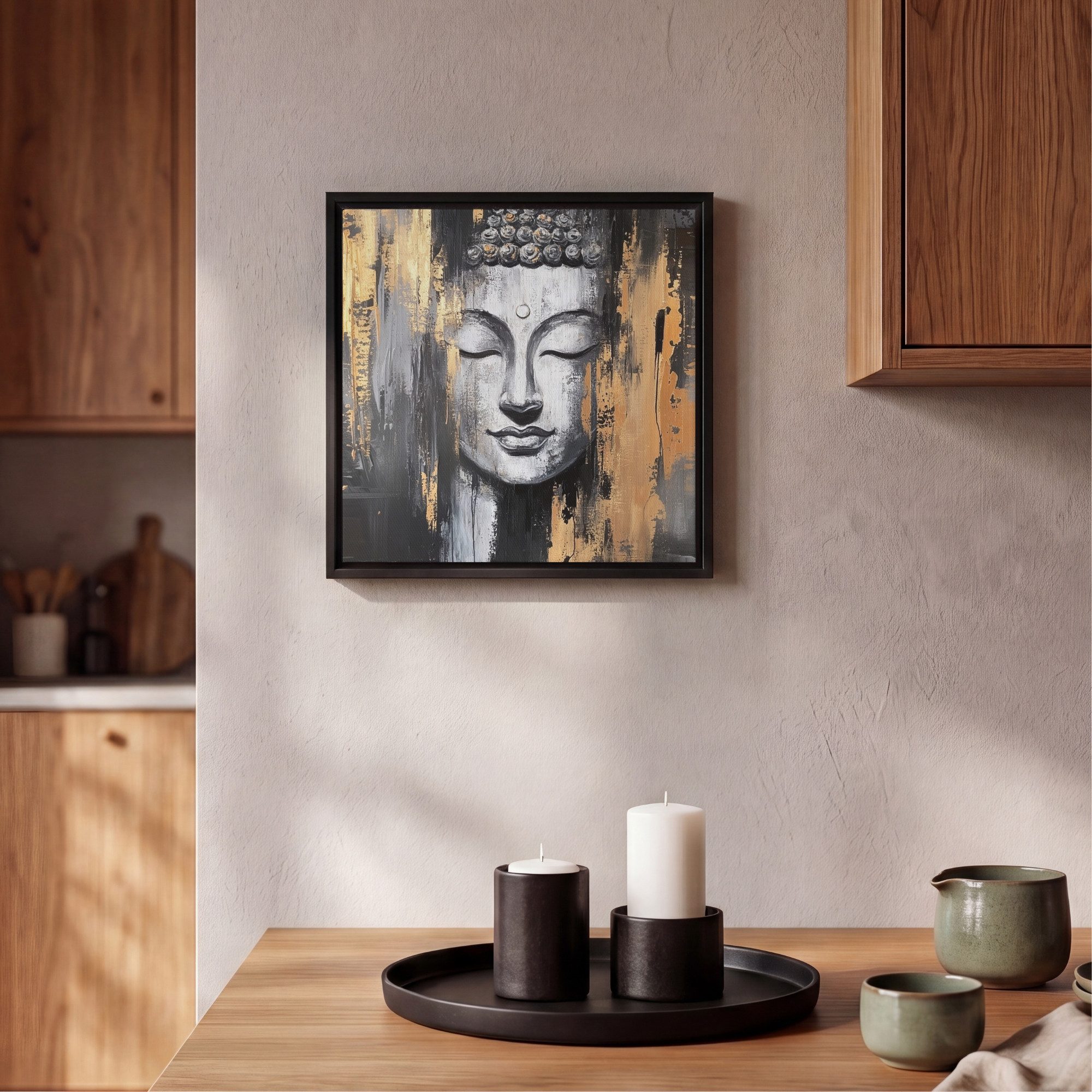 OneMillionCanvasses® Leinwandbild mit Rahmen - Buddha - Pinselstriche - Gold - Abstrakt, Fotodruck (1 St), Leinwand Bilder Klein, Wand Dekoration Aesthetic 20x2 – Bild 2 von 5