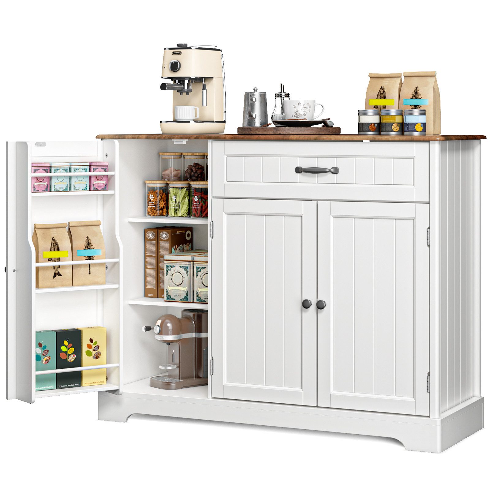 Blishom Sideboard Küchenschrank Sideboard mit Stauraum, Schublade, Sideboard mit Schublade, Doppeltüren und Gewürzregal-Tür