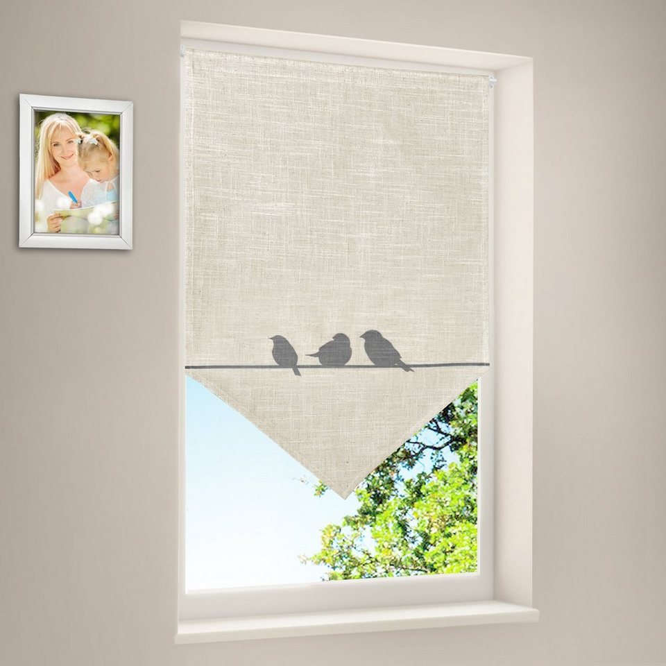 Gardine BIRD Fensterhänger bedruckt, Vogel 50/70cm Dunkelblau  Stangendurchzug, Gerster, bedruckt