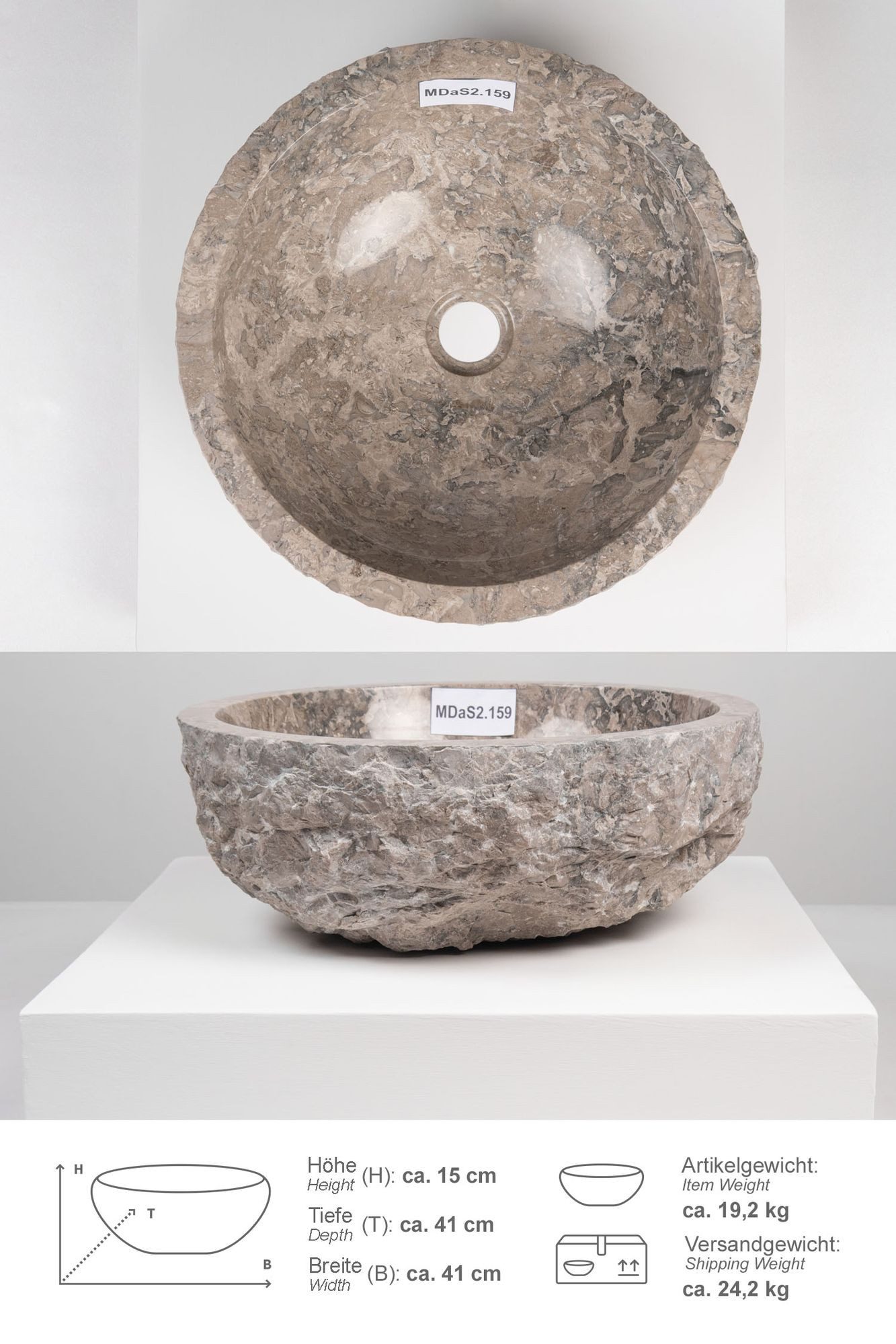 wohnfreuden Aufsatzwaschbecken Erosi Marmor Waschbecken 40 cm grau (Kein Set), 125883_MDaS2.159