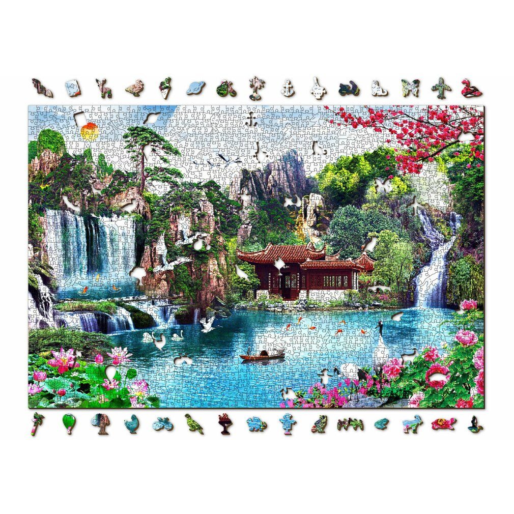 Wooden City Puzzle Holzpuzzle Wasserfälle im japanischen Garten 2in1, 2000 Teile ECO, Puzzleteile
