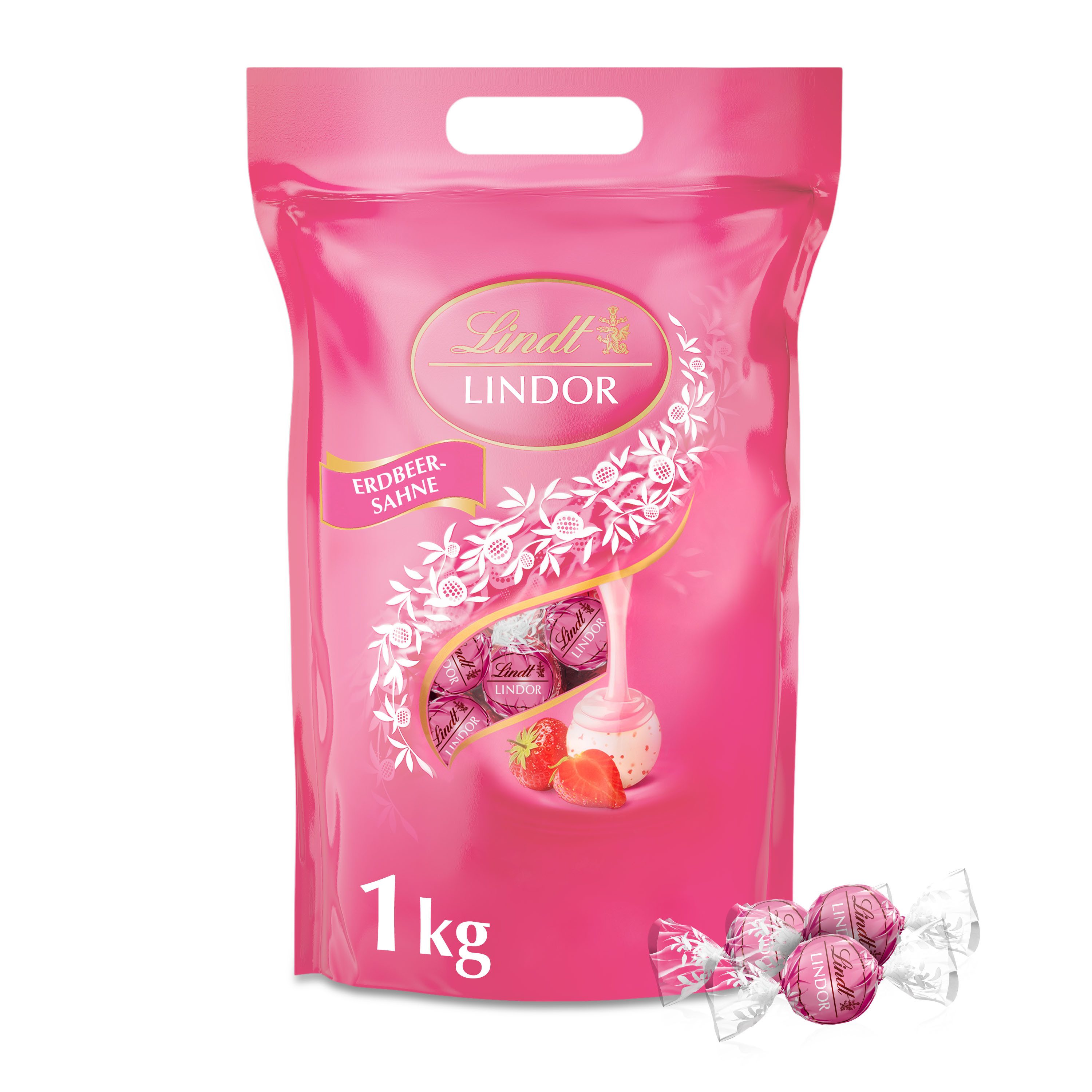 Lindt LINDOR Schokolade 1kg LINDOR Kugeln Erdbeer-Sahne Beutel Weiße Schokolade