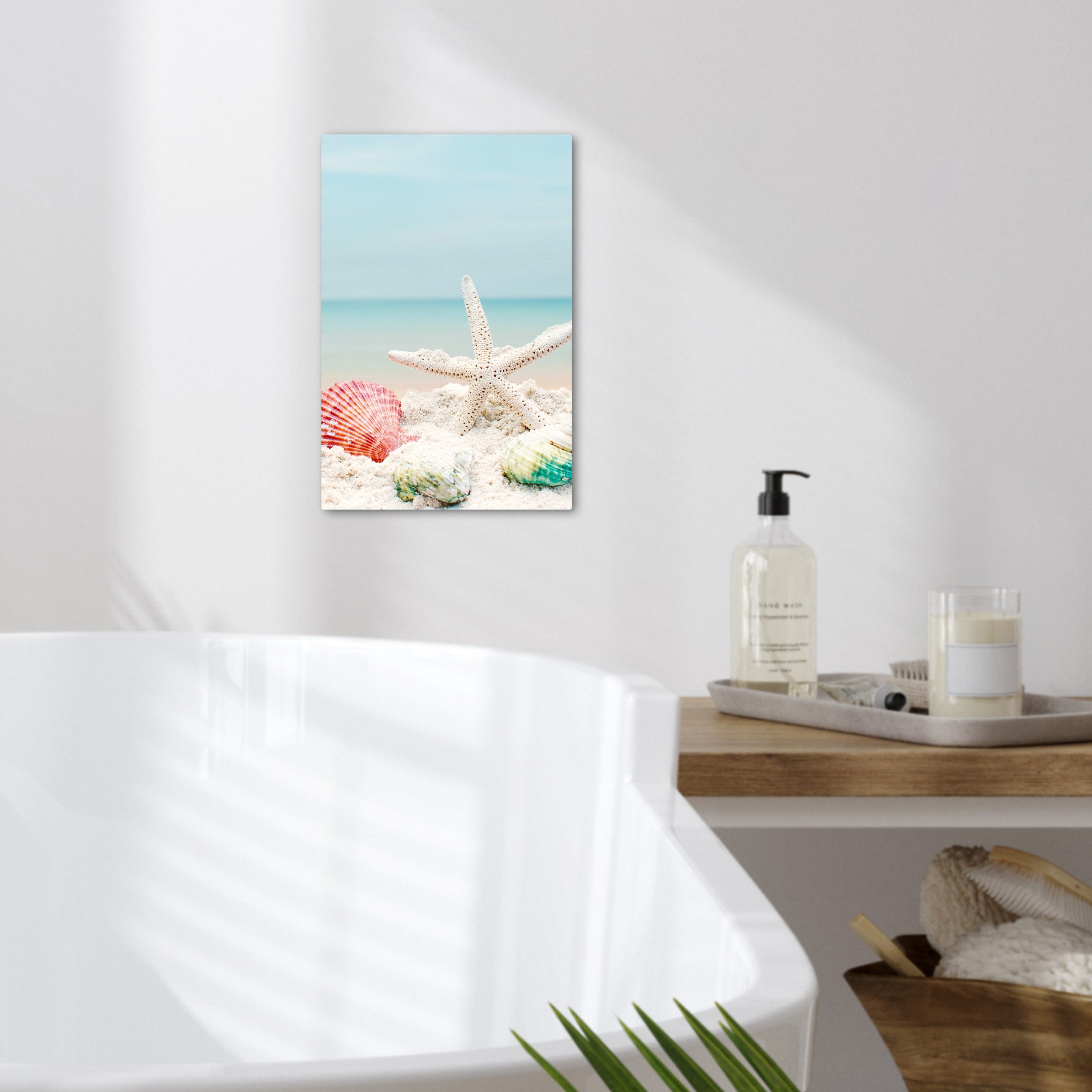 OneMillionCanvasses® Leinwandbild Strand - Seestern - Muscheln - Meer, Fotodruck (1 St), Badezimmer Deko, Bilder WC, Toilette Wanddeko 20x30 cm