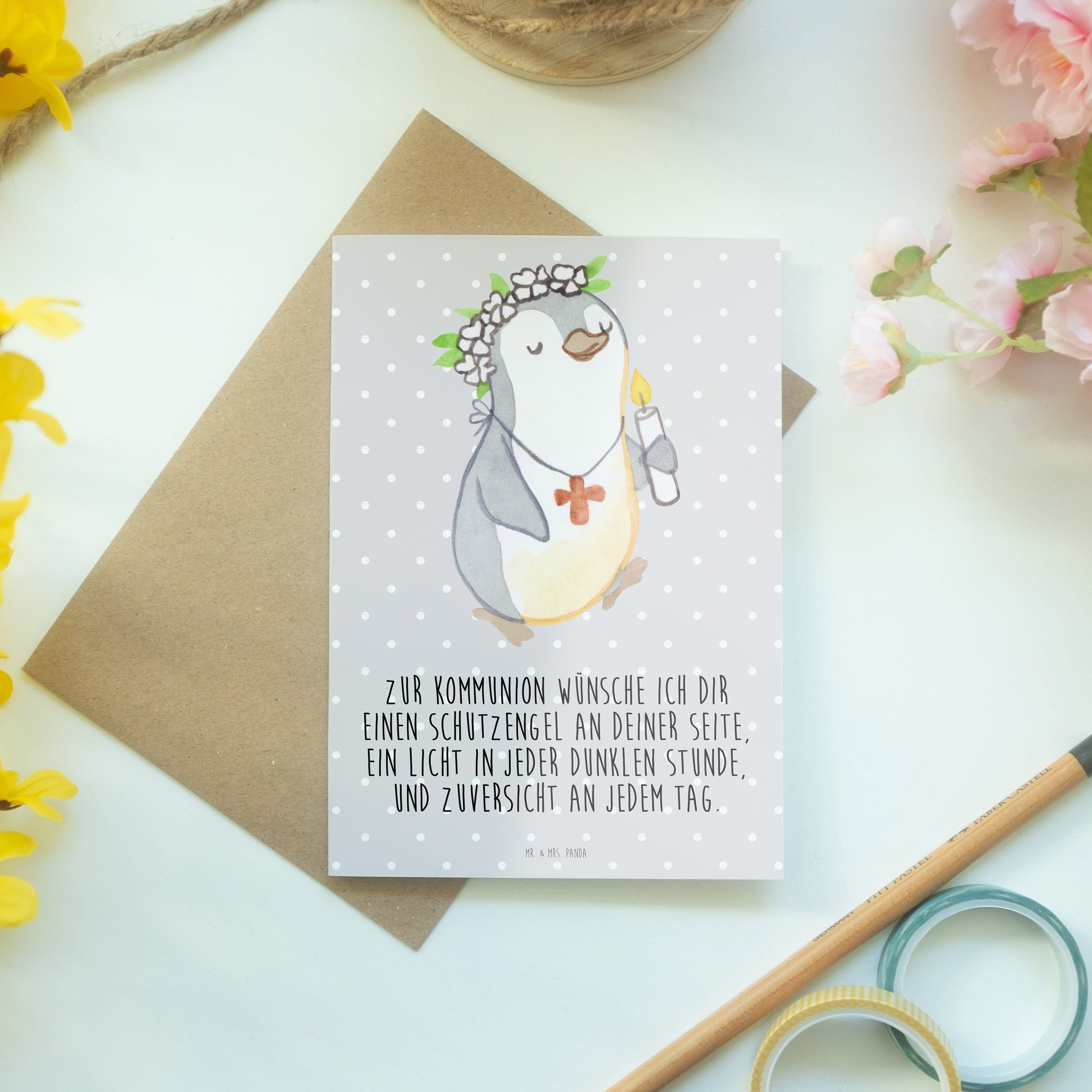 Mädchen Geschenk, Kommunion Grußkarte Panda Grau Einladungskarte - Mrs. - & Pastell Pinguin Mr.