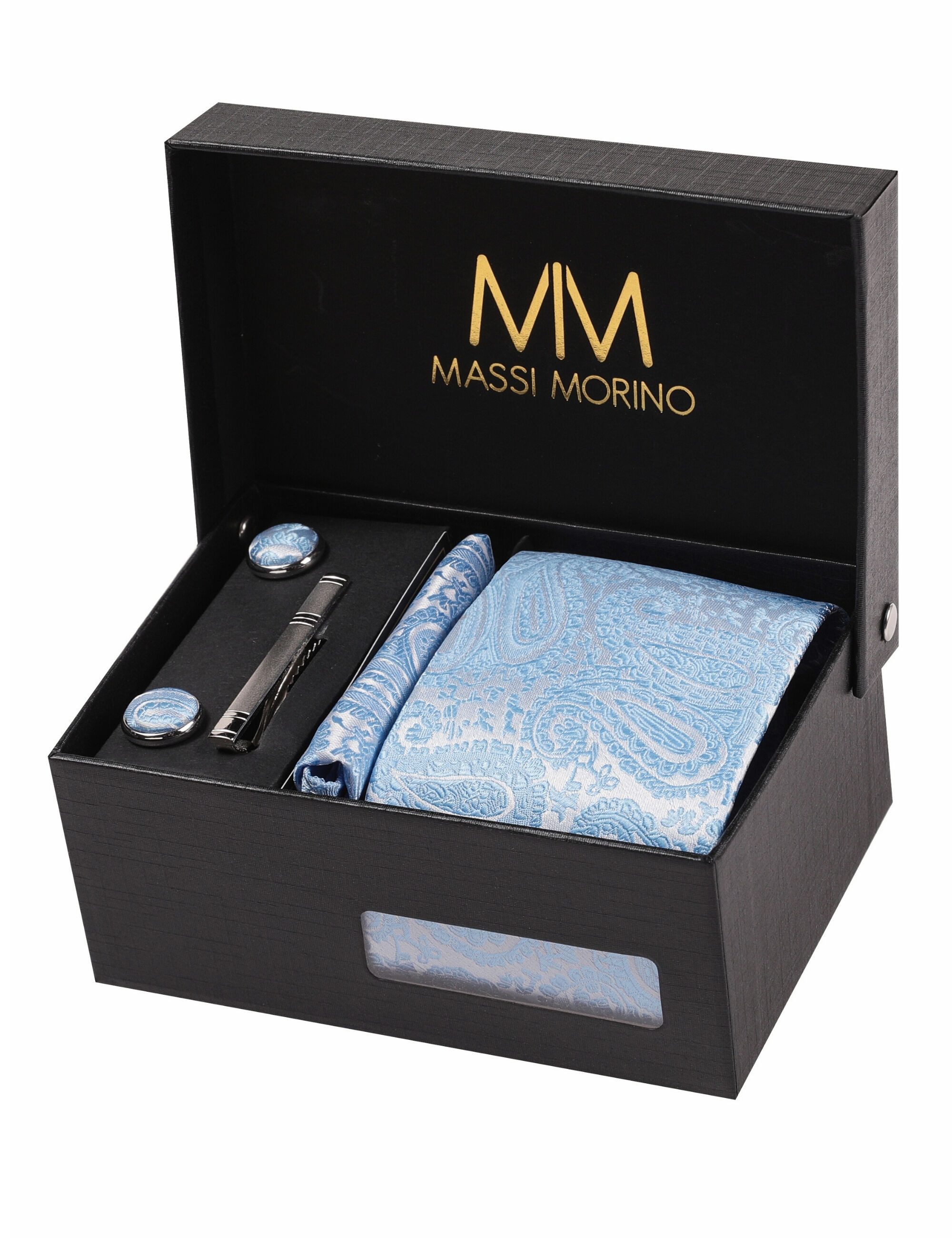 Massi Morino Krawatte (1-St) mit Einstecktuch, Manschettenknöpfen und Галстукиklammer