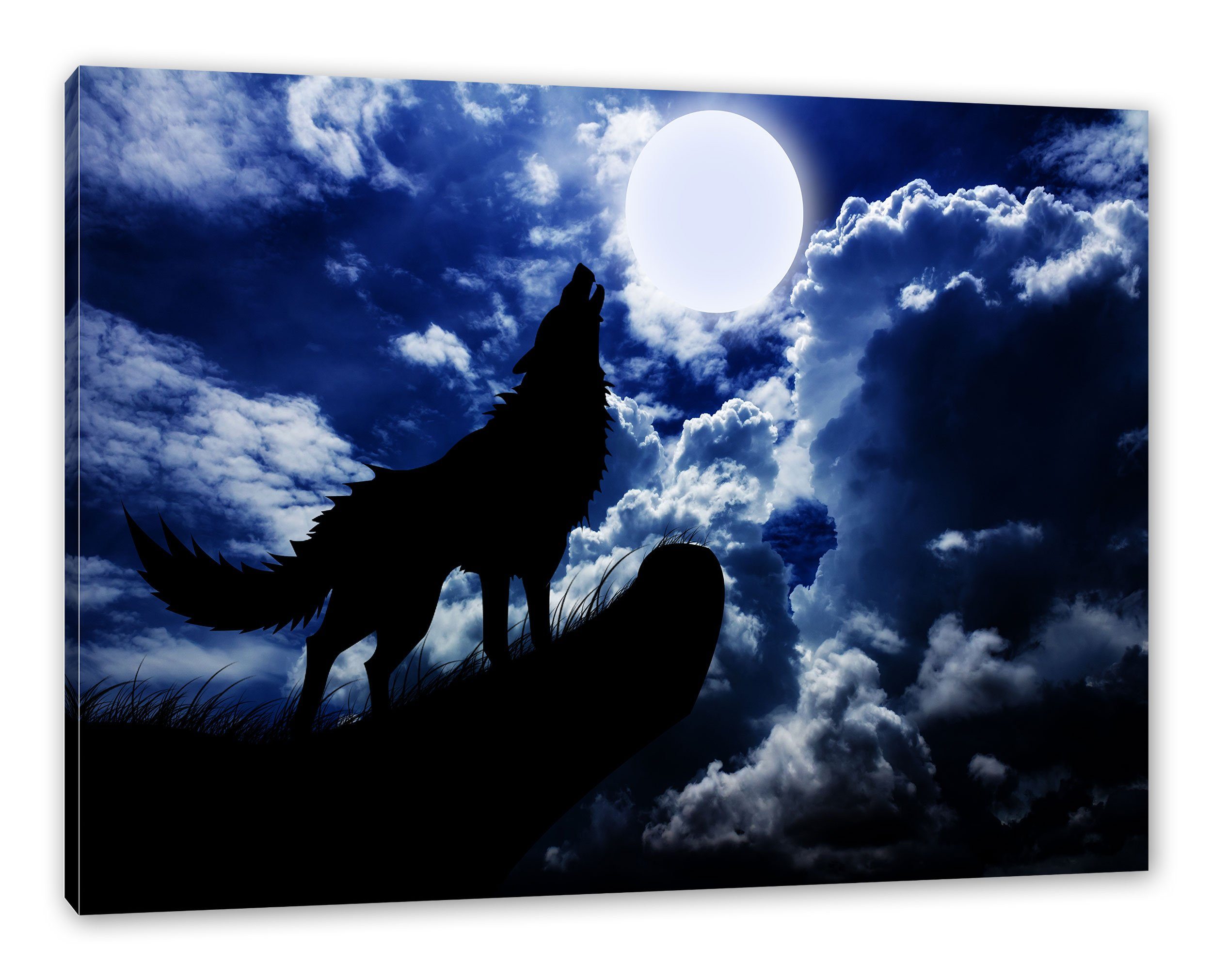 Leinwandbild Zackenaufhänger Leinwandbild Wolf fertig Wolf im (1 Mondschein, Pixxprint St), im bespannt, inkl. Mondschein