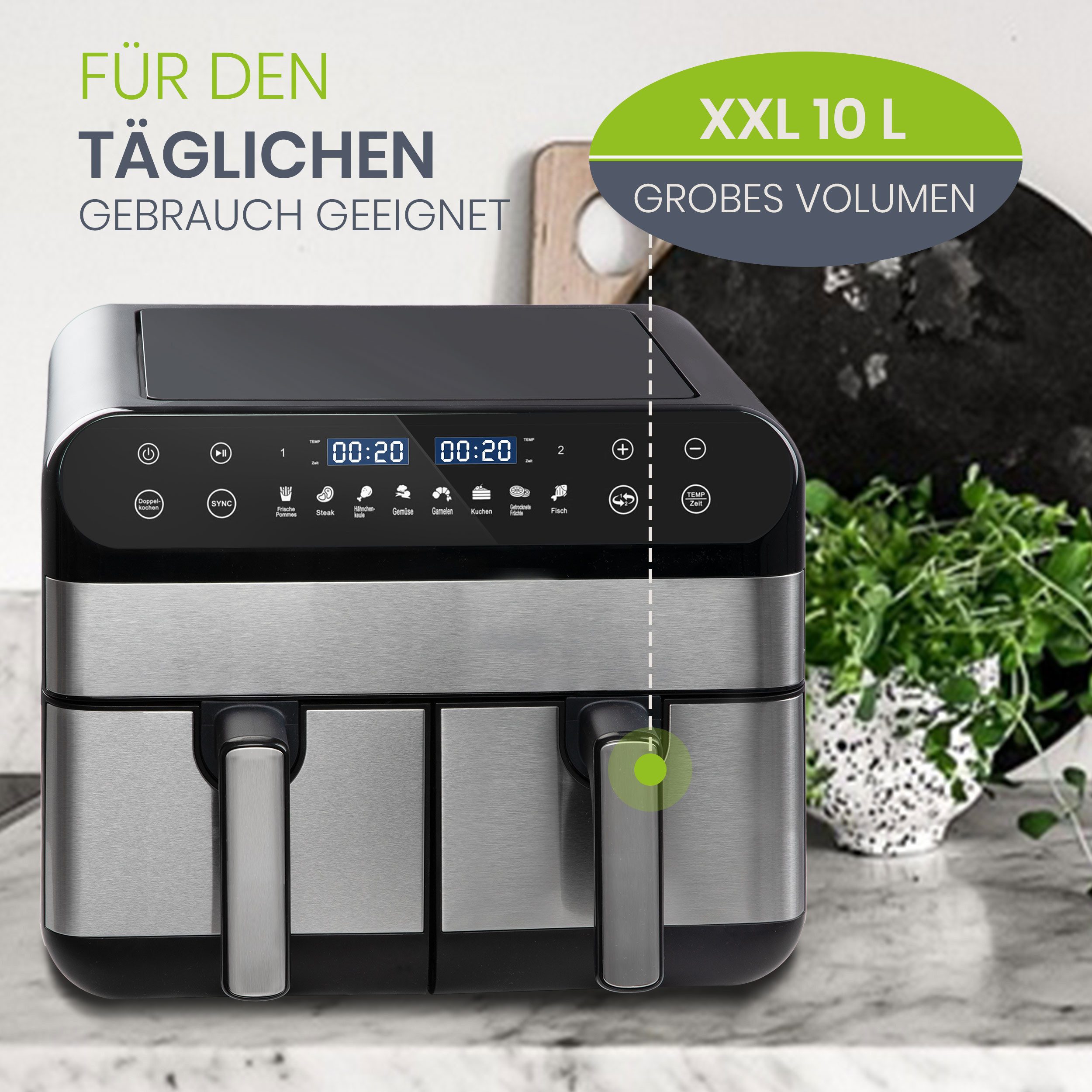 WHEELYOU Heißluftfritteuse 10 L Dual-Zonen Airfryer mit 2400 W – Touch-LED & 8 Kochprogramme, 2400 W, mit 8 Kochprogrammen & synchroner Garfunktion