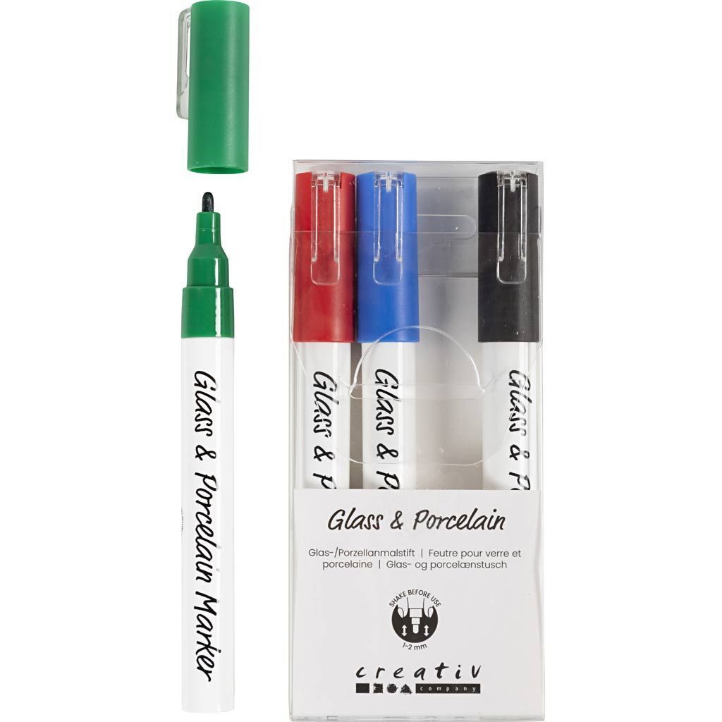 creativ company Acrylfarbe Glas-/Porzellanmalstifte, 4Stk, Schwarz, Blau, Grün, Rot
