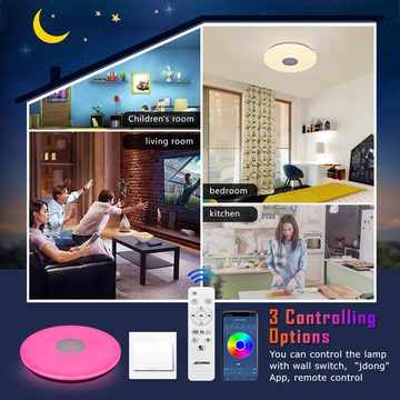 JDONG LED Deckenleuchte Dimmbar mit Doppelter Bluetooth Lautsprecher, LED fest integriert, rgb, Farbwechsel, IP44 Wasserdicht Badzimmer Deckenlampe mit Fernbedienung und APP Steue