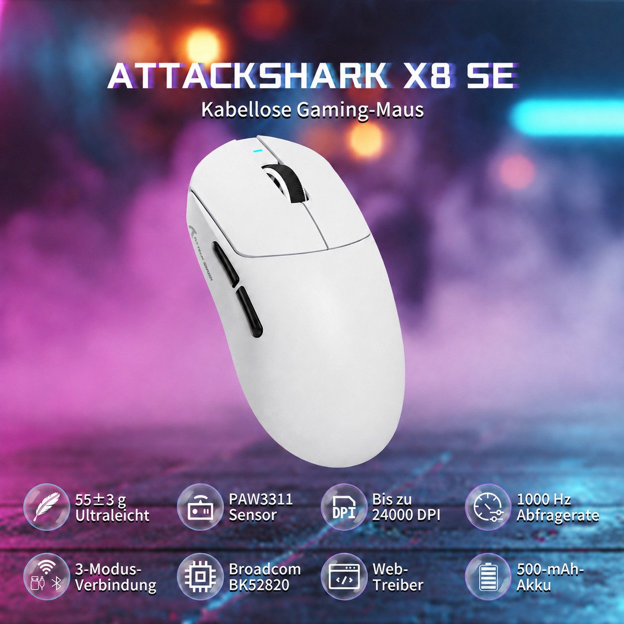 ATTACK SHARK X8SE Kabellose Maus,55 g ultraleicht,ür große Hände,80 Mio. Klicks Gaming-Maus (2.4Ghz, Bluetooth, USB-C, 25.000 DPI.Ultra-Light)