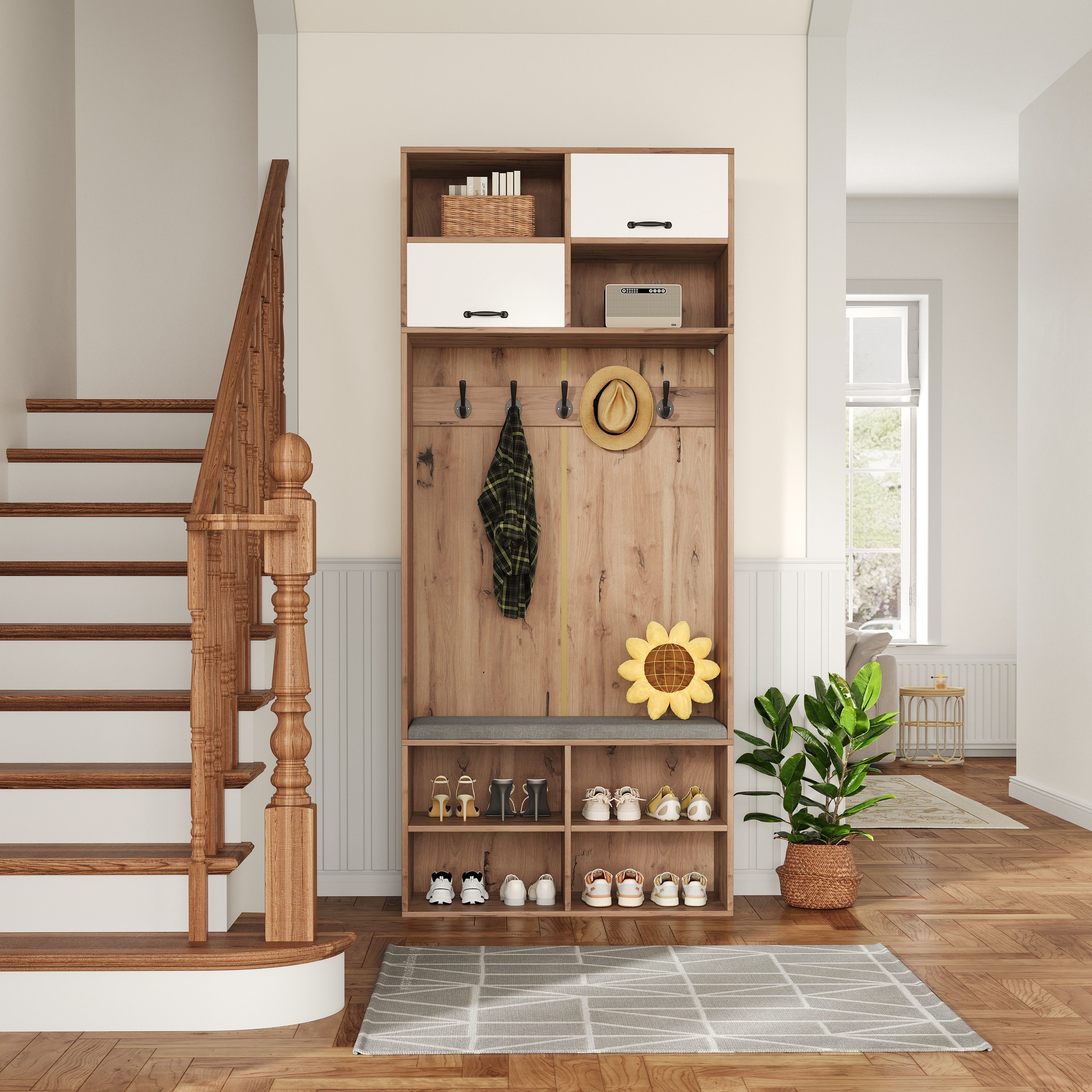 Merax Garderobenschrank Garderobenset, 2-in-1 Garderobenständer (1-St., mit Schuhschrank,5 Haken, 2 Türen, 6 offenen Fächern) Flurmöbel, Flurgarderobe, 80×185×30 cm