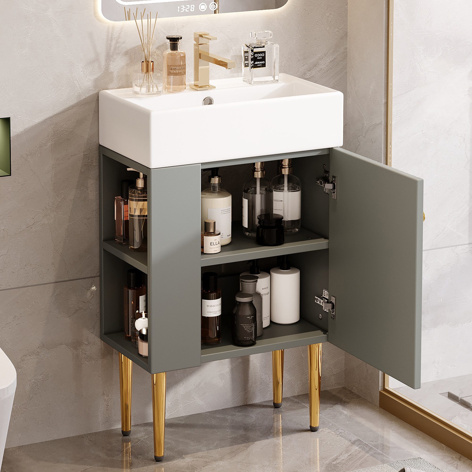 Flieks Waschtisch mit Seitenfächern (B55/T31/H91,5 cm, 1-St., bodenstehend, Badschrank mit Ablagen), Waschbeckenunterschrank mit Waschbecken Badmöbel in Breite 55 cm