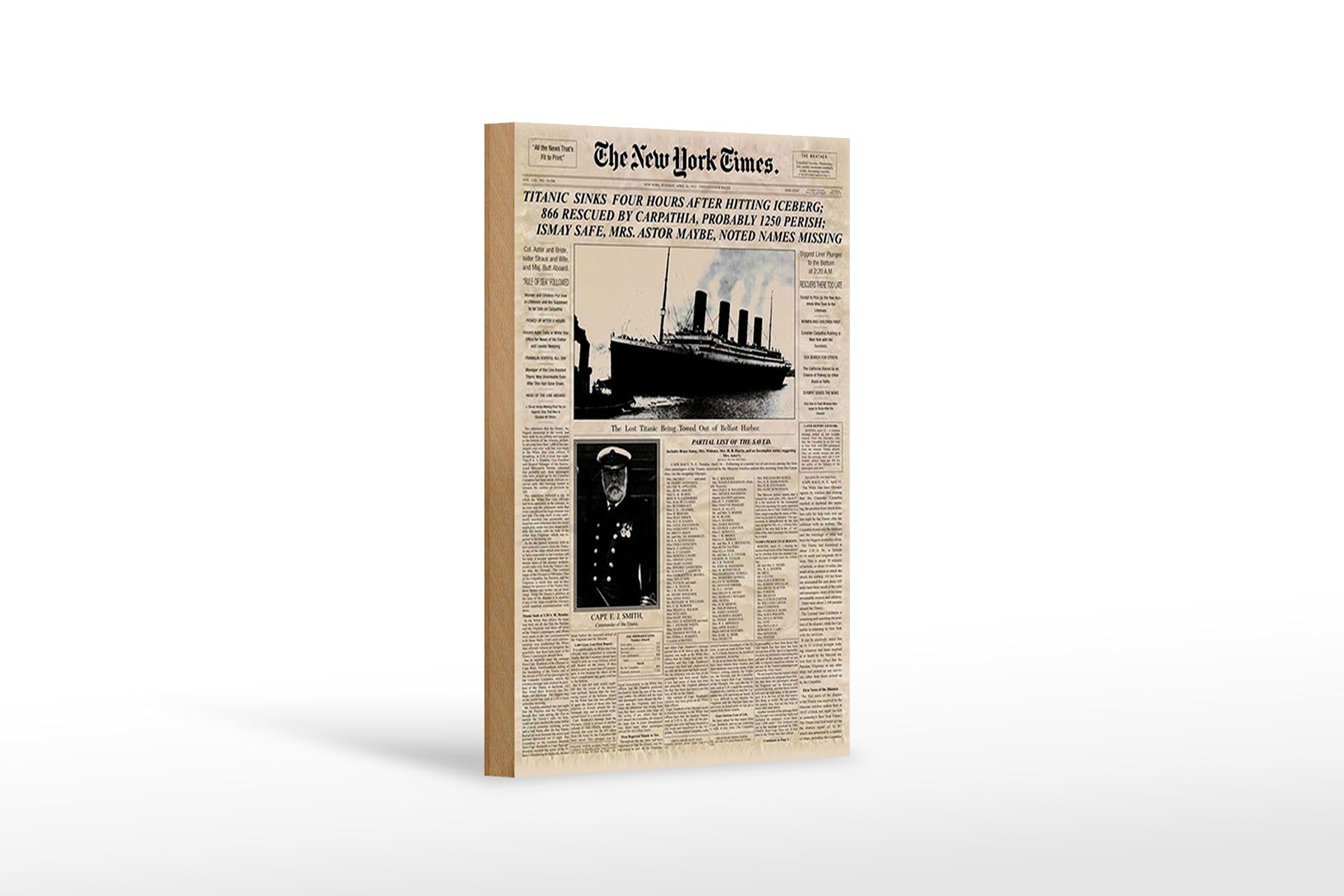 Femer GmbH Holzbild Zeitung 12x18 cm New York Times Titanic sinks, Nostalgie Retro Altes (1 St), Glatte Holzfaserplatte (MDF), vorn beschichtet