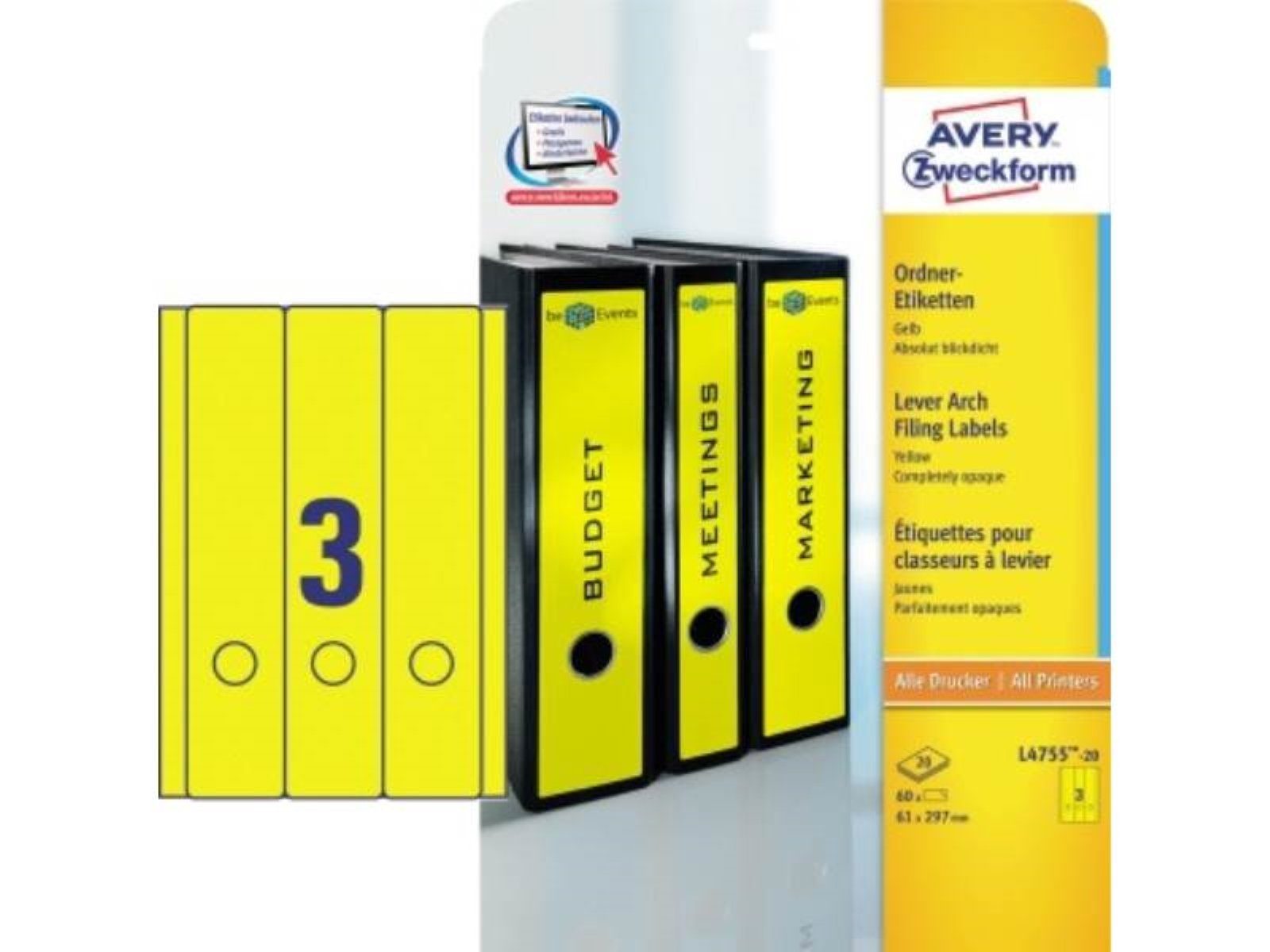 Etikett Avery Zweckform Ordneretikett L4755-20 lang/breit ge 60 St./Pack.