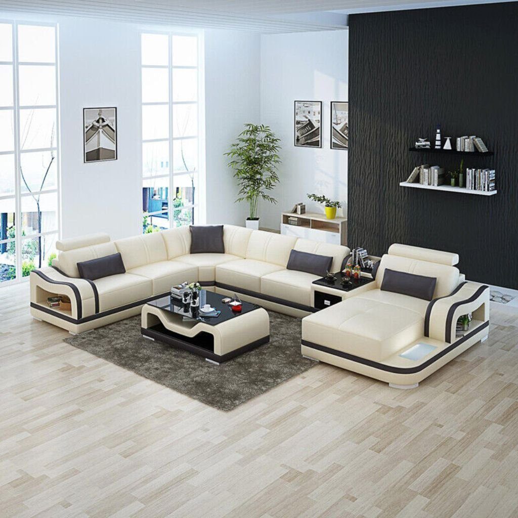 Modern Ecke Garnitur Wohnlandschaft Ledersofa Couch Form JVmoebel USB Sofa Beige Ecksofa U