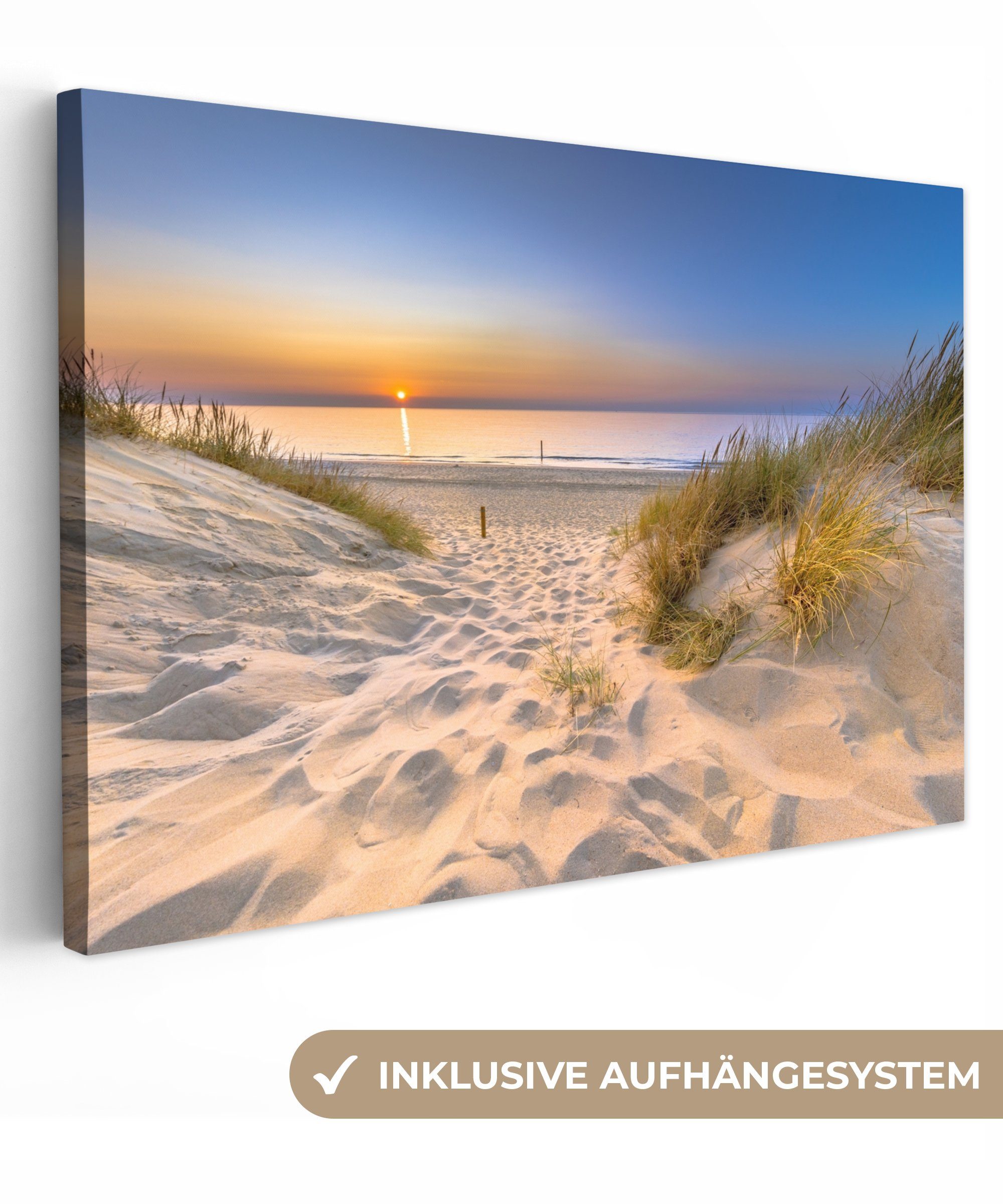 OneMillionCanvasses® Leinwandbild Düne - Sonnenuntergang - Horizont - Strand - Gras, Fotodruck (1 St), Leinwand Bilder Klein, Wand Dekoration Aesthetic 30x20 cm