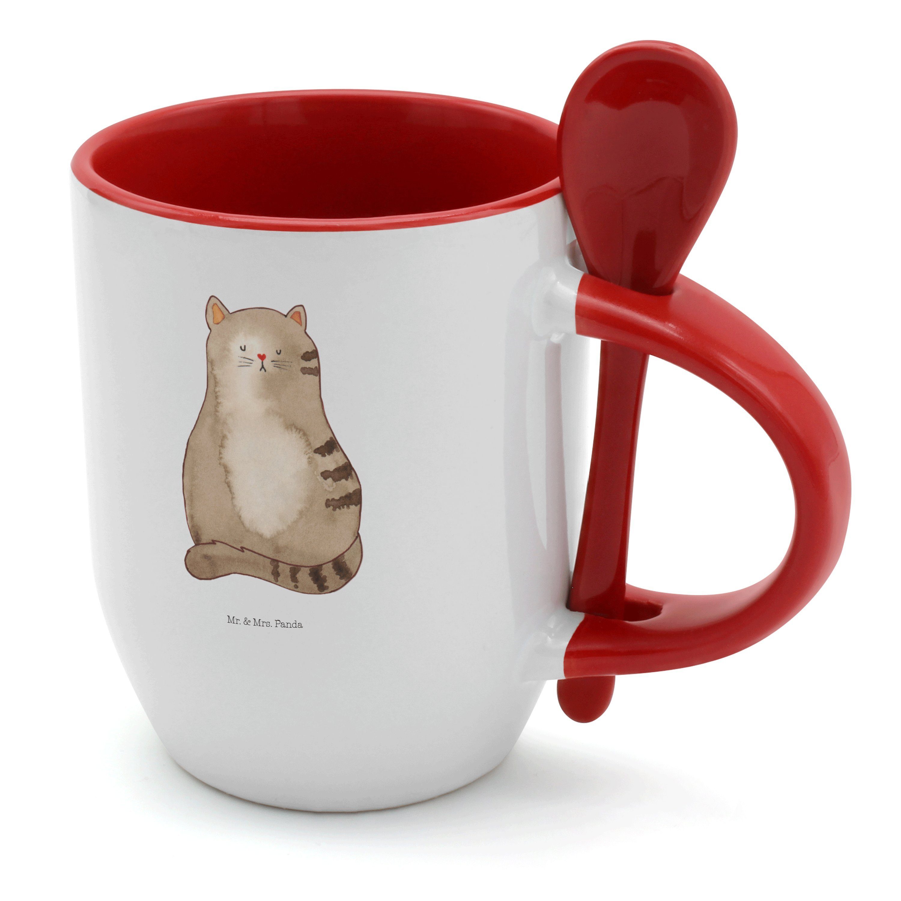 Mr. & Mrs. Panda Tasse Katze sitzend - Weiß - Geschenk, Kaffeebecher, Tasse mit Löffel, Kate, Keramik