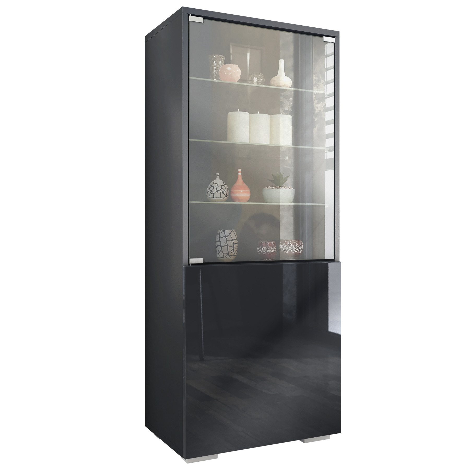 Vladon Standvitrine Granada (Vitrinenschrank, mit Glastür und Glaseinsatz) Anthrazit matt/Schwarz Hochglanz (50 x 122,5 x 34,5 cm)