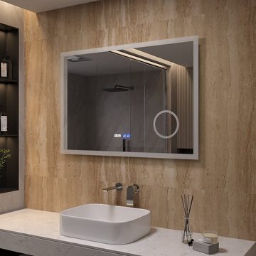 AQUALAVOS LED-Lichtspiegel 100x70 cm LED Badspiegel mit Beleuchtung und Beschlagfrei Wandspiegel, Energiesparend, mit 3-Fach Vergrößerung Kosmetikspiegel und Digitaluhr