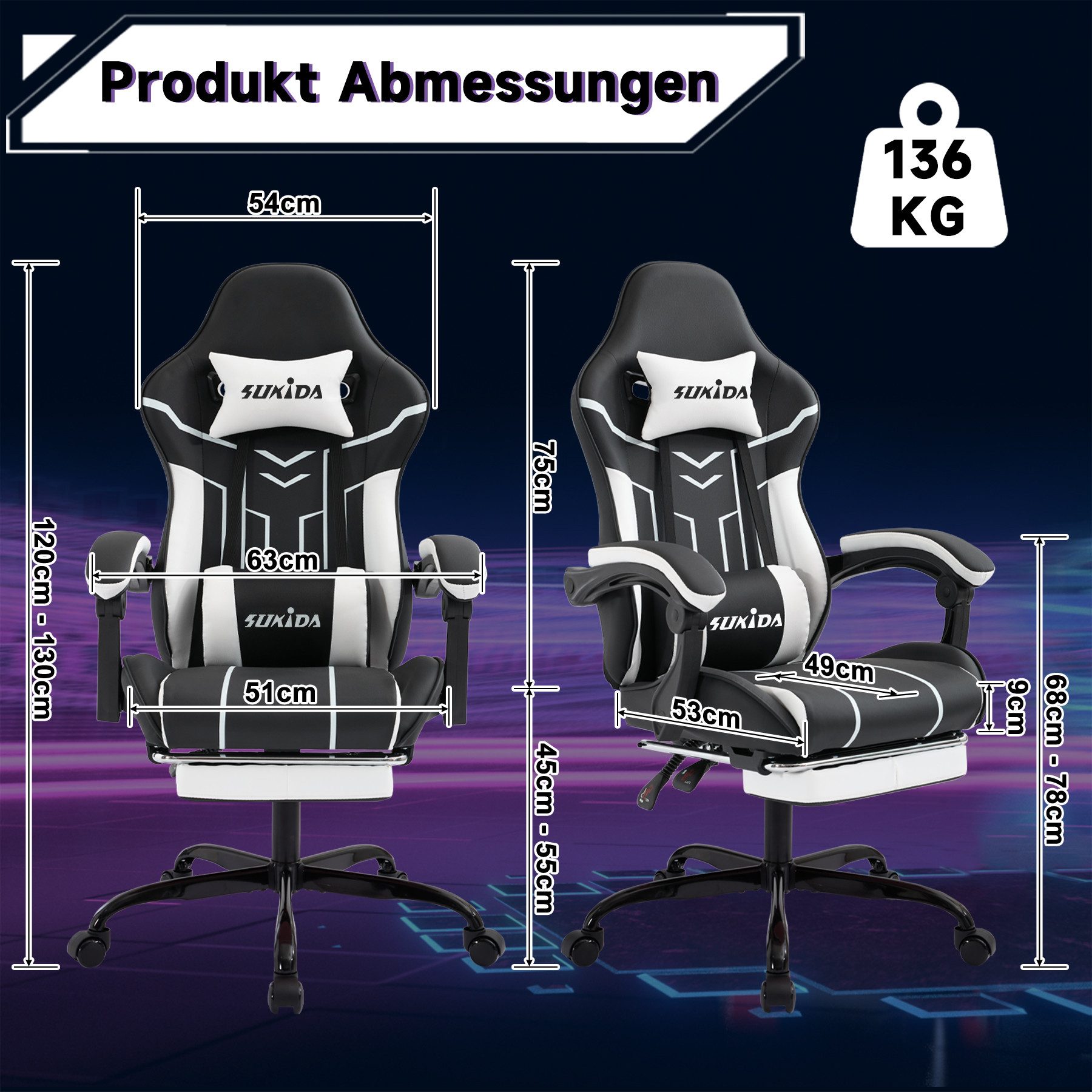 Odikalo Gaming-Stuhl Computerstuhl Bürostuhl Ergonomisch Polsterstuhl Fußstütze Mehrfarbig