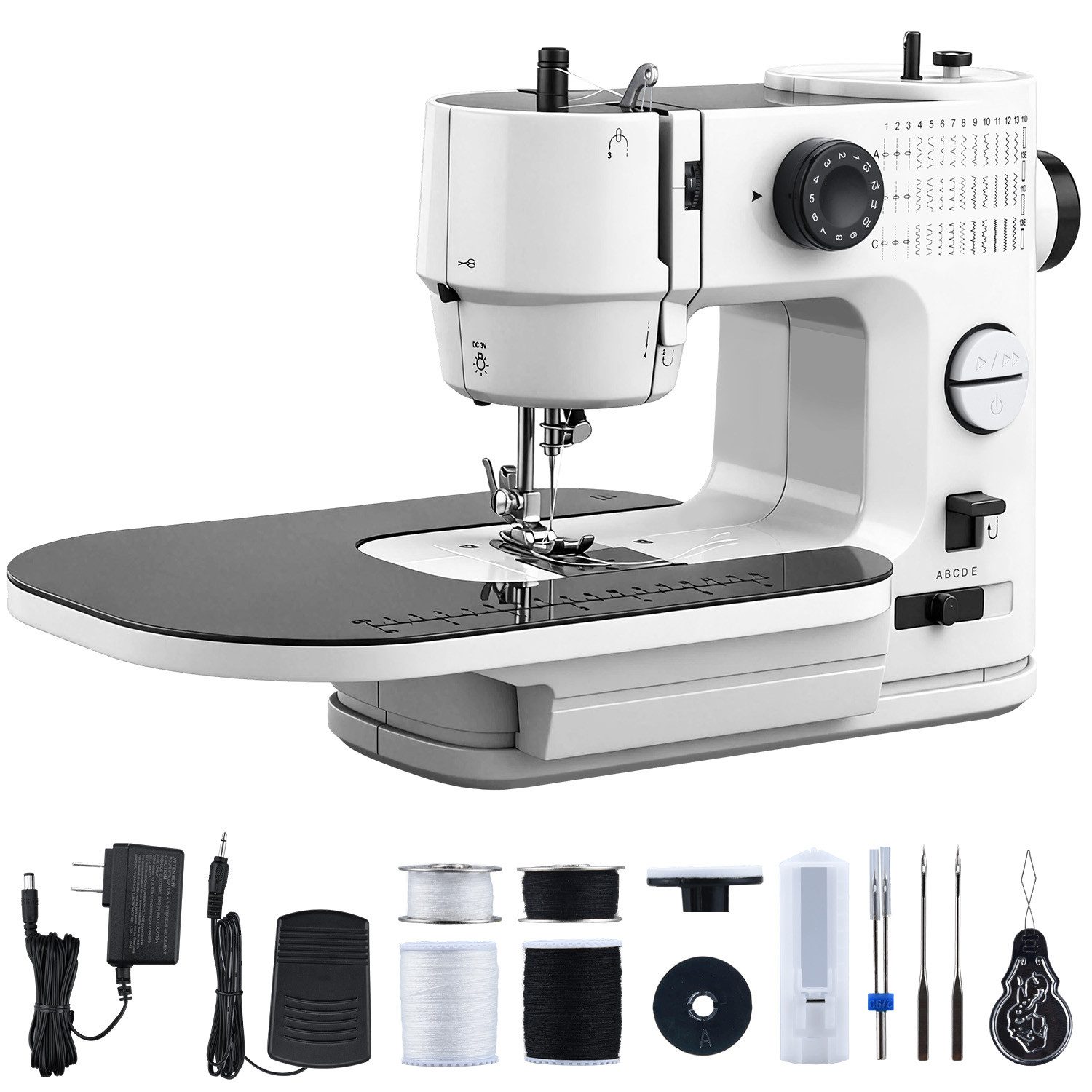 HS Onsing Nähmaschine Kleine Haushaltsnähmaschine, mit Erweiterungsplattform, Jeans Nähen,Doppelnadel, 2 Geschwindigkeit,für Anfänger