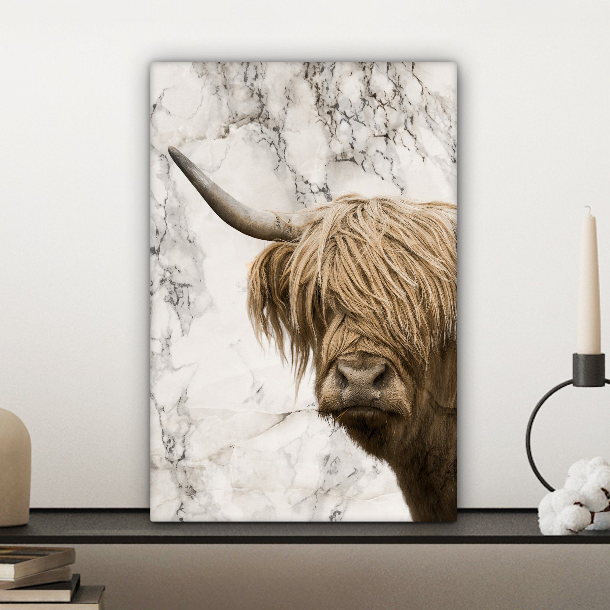 OneMillionCanvasses® Leinwandbild Schottischer Kuh - Marmor, Highlander fertig bespannt Leinwandbild St), cm Zackenaufhänger, inkl. (1 20x30 - Gemälde
