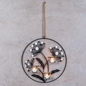 Levandeo® Teelichthalter, Wand Teelichthalter 30cm Rund Metall Schwarz Silber Blumen Ring
